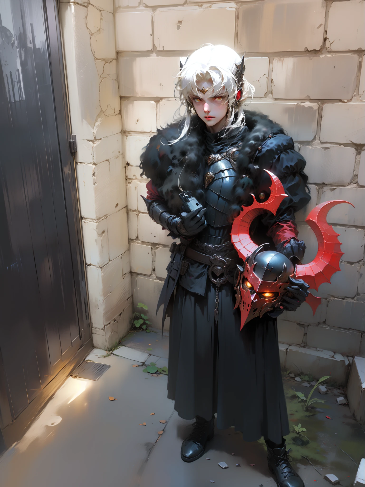 Black knight, castle at night, Gothic Realistic, 4k, brown skin, straight white hair, yellow eyes, holding a demon helmet