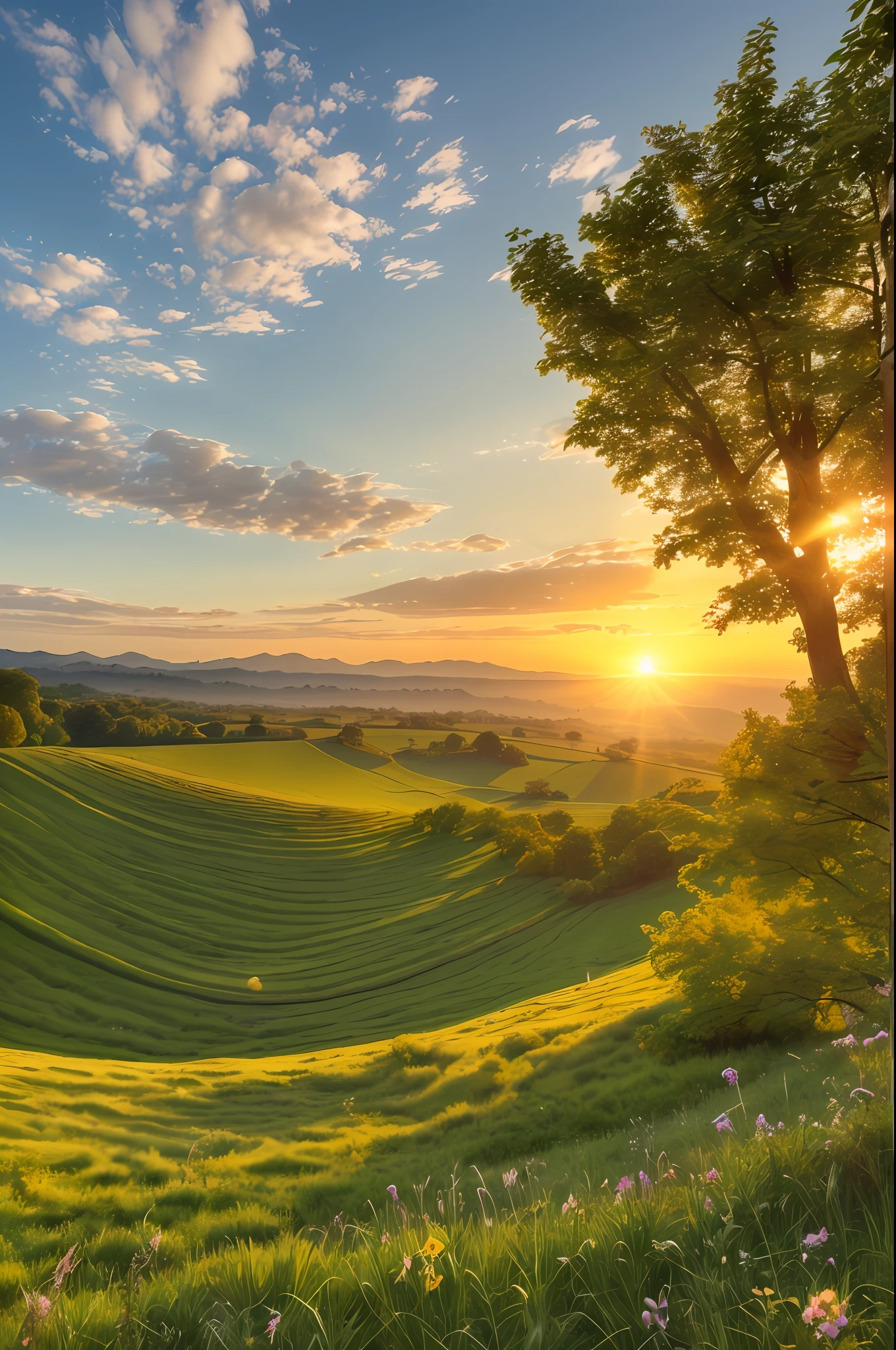 A sunny landscape in the morning, sunrise