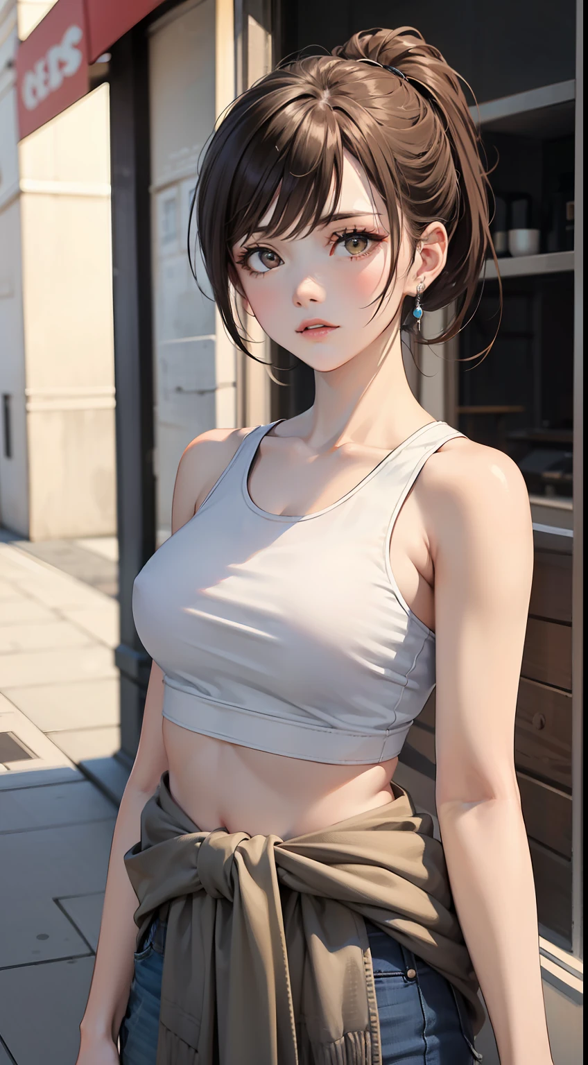 absurdres, best quality, 1girl, solo, looking at viewer, eye focus, chell, ponytail, tank top, clothes around waist, brown hair, brown eyes