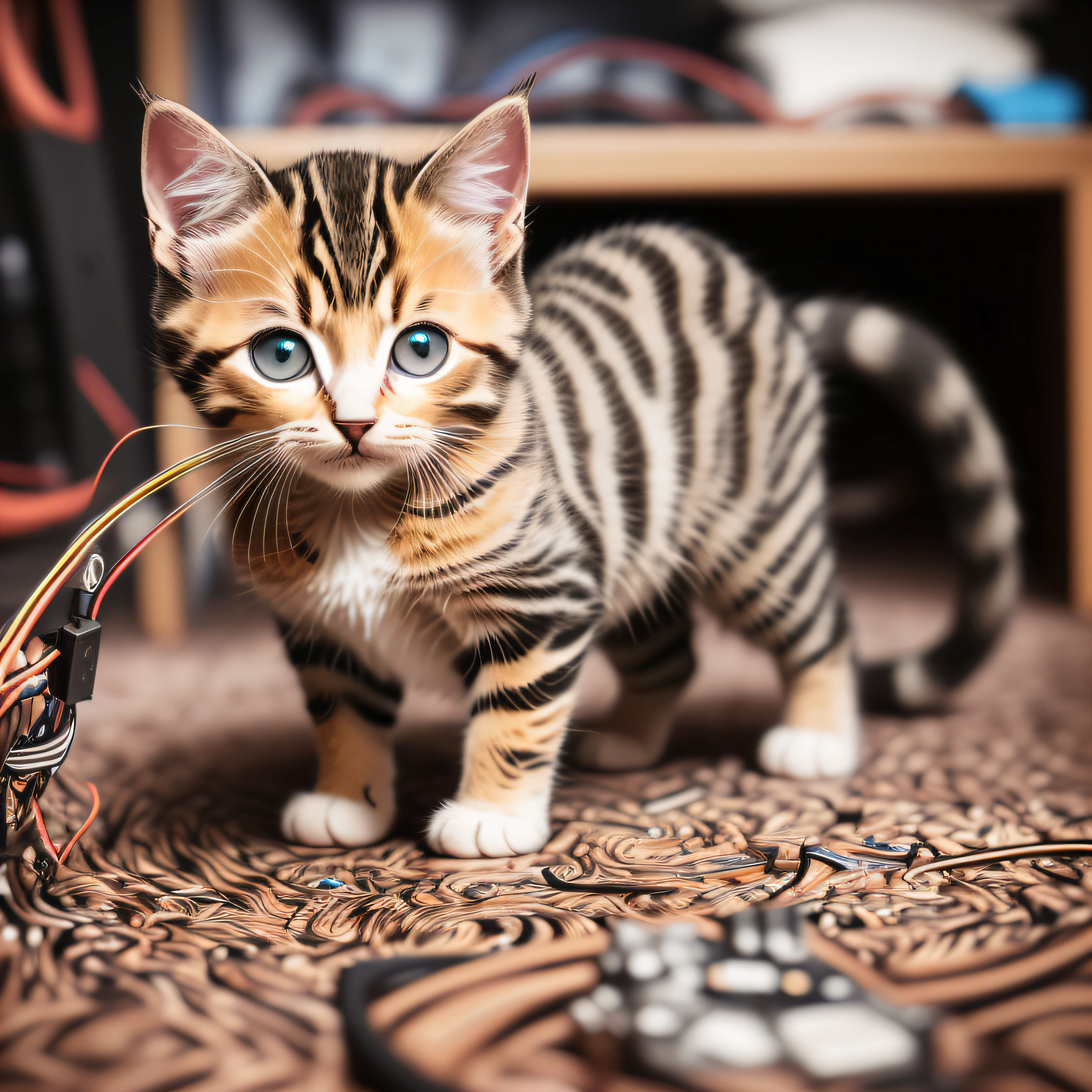 Adorable tabby kitten, (cyborg:1.1), ([tail | detailed wiring]:1.3), (complex details), hdr, (complex details, ultra-detailed:1.2), cinematic shot, vignette, central. --auto