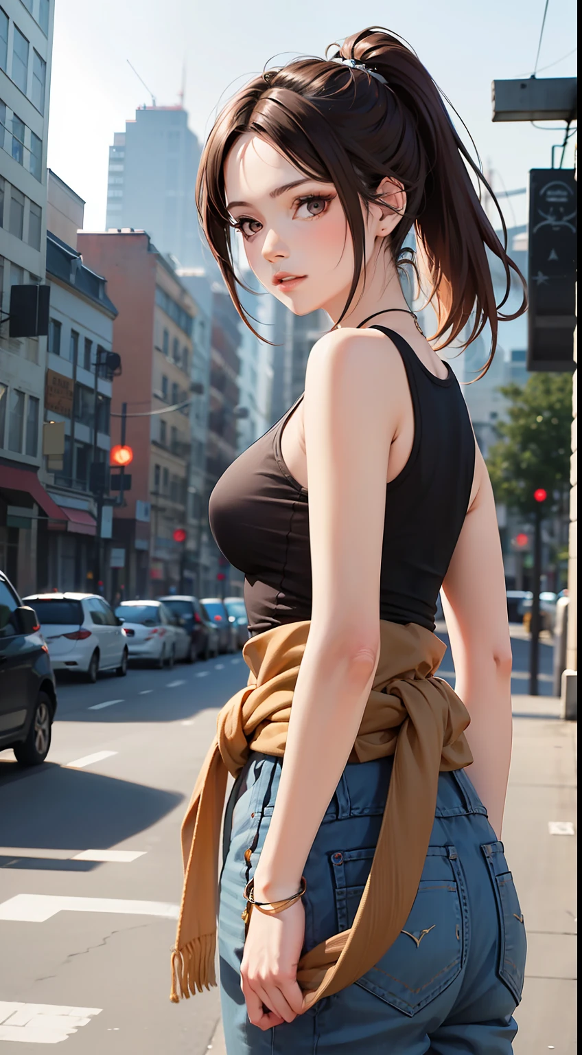 absurdres, best quality, 1girl, solo, looking at viewer, eye focus, chell, ponytail, tank top, clothes around waist, brown hair, brown eyes