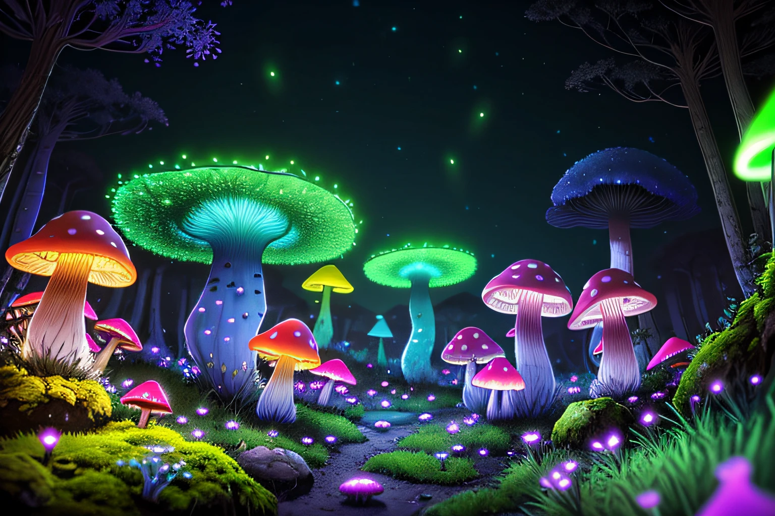 (highly detailed:1.2),(best quality:1.2),8k,sharp focus, (subsurface scattering:1.1)
(glowing magic bioluminescent mushrooms:1.2),psychadelic magic particles inthe air,  (neon bioluminescent mushroom forest at night:1.2), (magical fireflies:1.2)
(very detailed trees and rocks and moss:1.2), (highly detailed background:1.3), RPG, Elden Ring style, (fantasy:1.3),(hyperrealistic:1.1), (((night))), cinematic lighting, highly detailed, artstation,smooth, sharp focus, artgerm, greg rutkowski, editor's pickup, trending on artstation, trending on deviantart, wlop, (contrast:0.4),