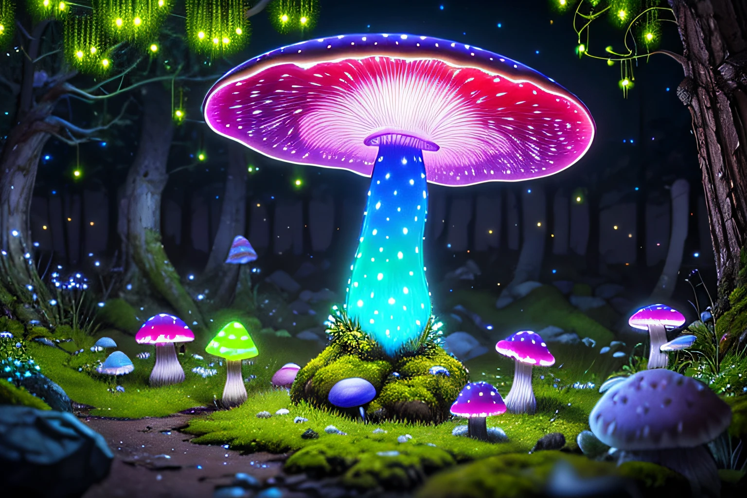 (highly detailed:1.2),(best quality:1.2),8k,sharp focus, (subsurface scattering:1.1)
(glowing magic bioluminescent mushrooms:1.2),psychadelic magic particles inthe air, (neon bioluminescent mushroom forest at night:1.2), (magical fireflies:1.2)
(very detailed trees and rocks and moss:1.2), (highly detailed background:1.3), RPG, Elden Ring style, (fantasy:1.3),(hyperrealistic:1.1), (((night))), cinematic lighting, highly detailed, artstation,smooth, sharp focus, artgerm, greg rutkowski, editor's pickup, trending on artstation, trending on deviantart, wlop, (contrast:0.4),