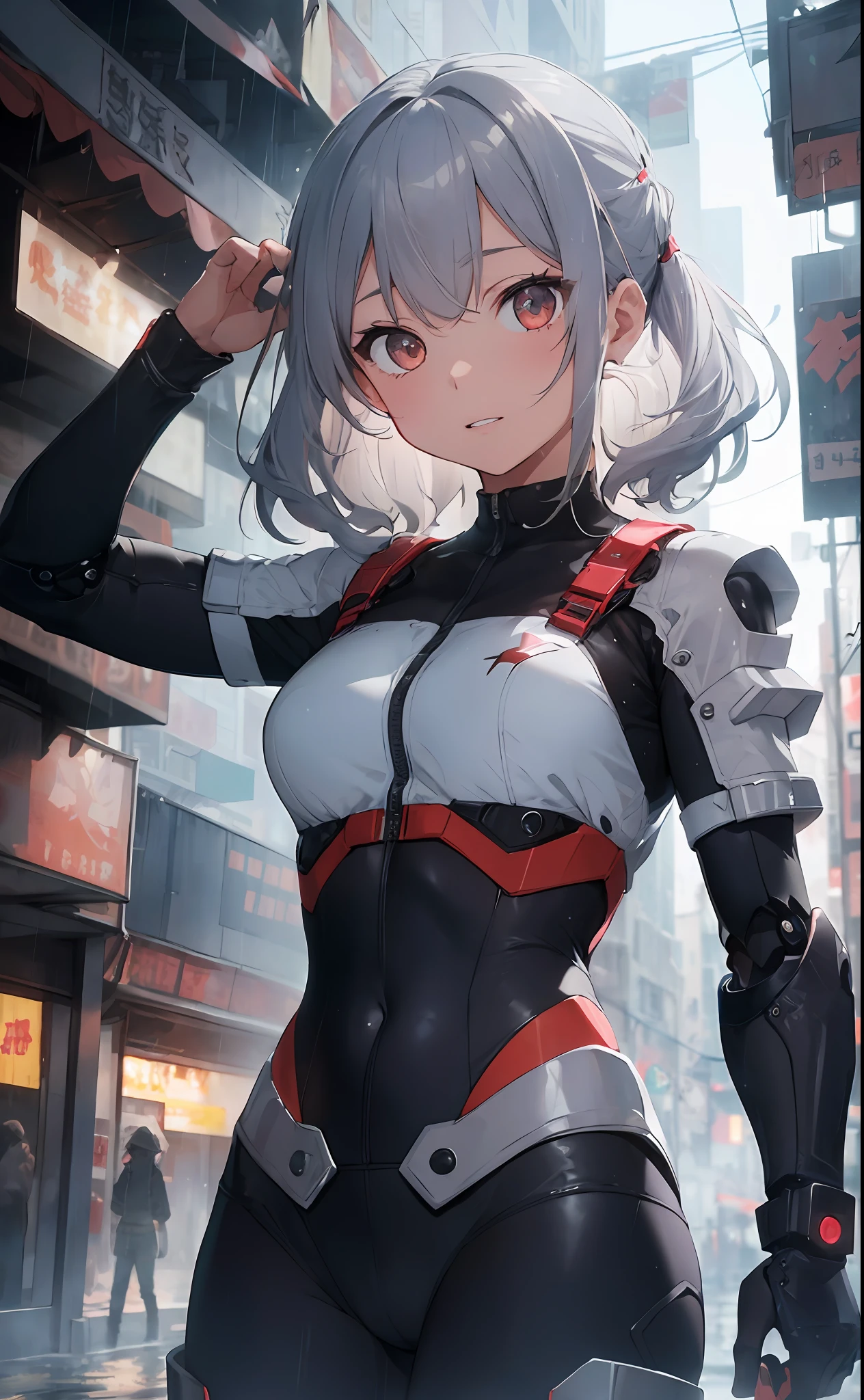 ((masterpiece:1.4, best quality))+, (ultra detailed)+,
1 girl,cyberpunk city,flat chest,wavy hair,mecha clothes,(robot girl),cool movement,silver bodysuit,colorful background,rainy days,(lightning effect),silver dragon armour,(cold face),cowboy shot,