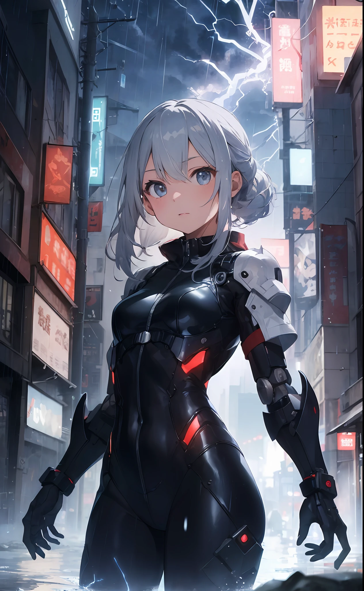 ((masterpiece:1.4, best quality))+, (ultra detailed)+,
1 girl,cyberpunk city,flat chest,wavy hair,mecha clothes,(robot girl),cool movement,silver bodysuit,colorful background,rainy days,(lightning effect),silver dragon armour,(cold face),cowboy shot,