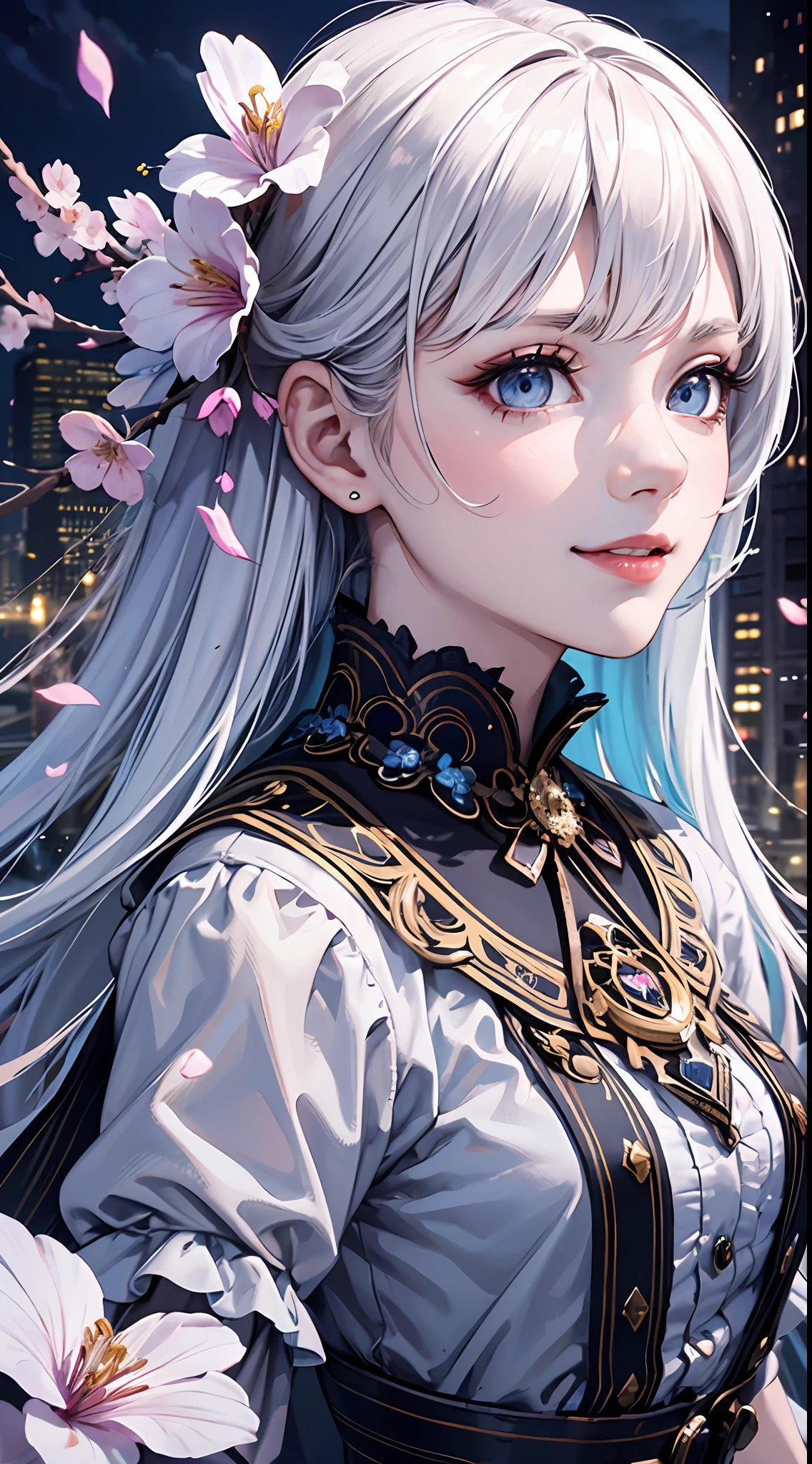 masterpiece, best quality,
1girl, (colorful),(finely detailed beautiful eyes and detailed face),cinematic lighting,bust shot,extremely detailed CG unity 8k wallpaper,white hair,solo,smile,intricate skirt,((flying petal)),(Flowery meadow)
sky, cloudy_sky, building, moonlight, moon, night, (dark theme:1.3), light, fantasy,
