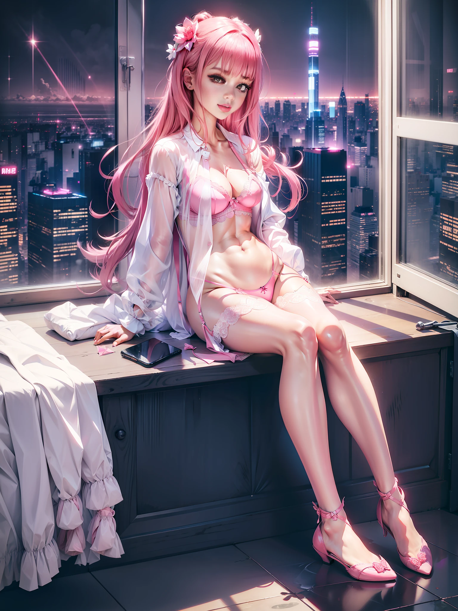 Pink erotic lingerie, girly, pink stockings, pink long hair