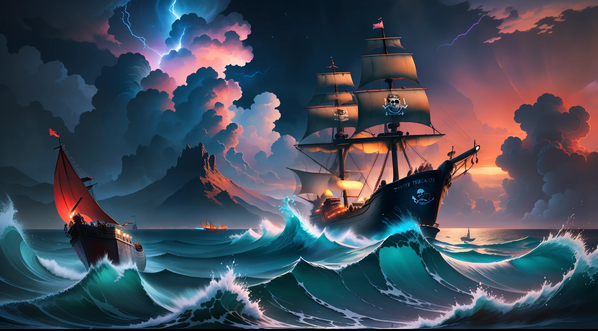 seascape, blue waves and ((fantasy detailed pirate ships)) in ocean, pink and red clouds, storm, rain, bright neon lights, ((tropic islands on background))