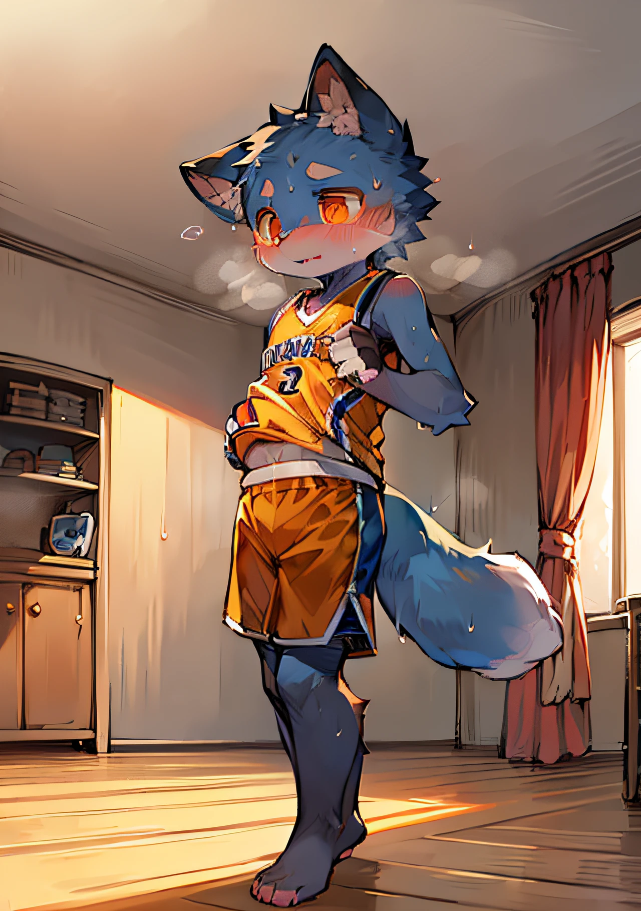 Masterpiece, high quality, absurd resolution, digital painting \ (artwork \), dagasi, yupa, kiyosan, (fluffy fur: 1.1), (brightness: 0.8), anthro male cat. (orange eyes, gray-blue fur, full body fur, cat nose: 1.2), bright eyes, panorama, character focus. Detailed background, (yellow basketball jersey, sweat: 1.2), (indoor, bedroom: 1.2)