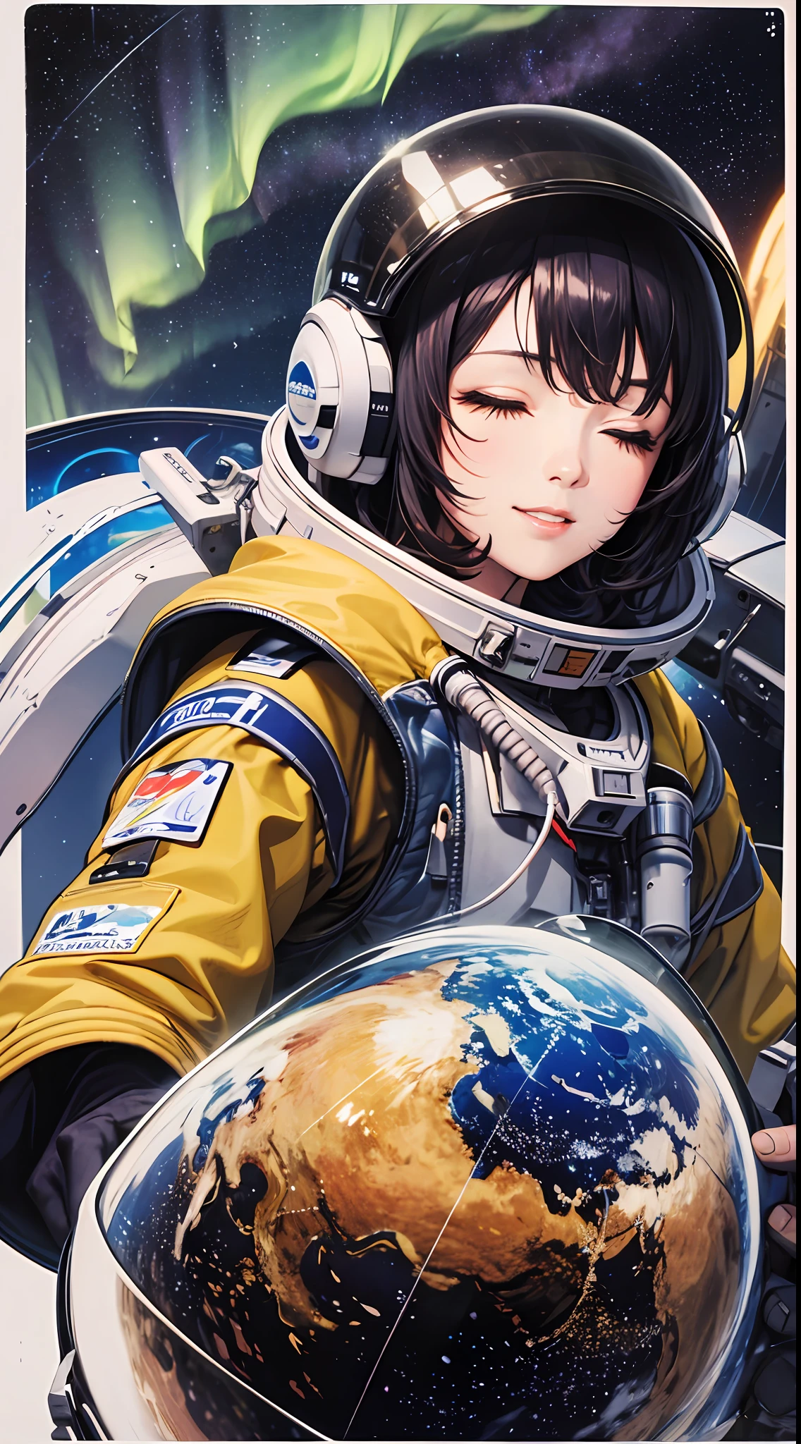 galaxy, milky_way, night, night_sky, shooting_star, space, star_\(sky\), starry_sky, earth_\(planet\), planet, starry_background, starry_sky_print, sky, space_craft, aurora, astronaut, constellation, 1girl, spacesuit, telescope, star_\(symbol\), space_helmet, moon, light_particles, science_fiction, city_lights, closed_eyes, tanabata, mecha, helmet, rocket, solo, alien,light smile,