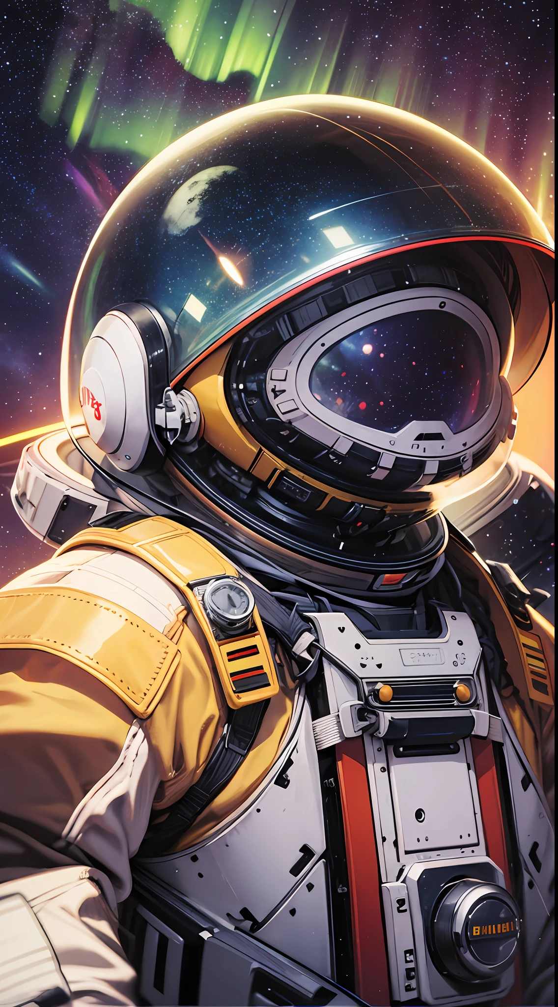 galaxy, milky_way, night, night_sky, shooting_star, space, star_\(sky\), starry_sky, earth_\(planet\), planet, starry_background, starry_sky_print, sky, space_craft, aurora, astronaut, constellation, 1girl, spacesuit, telescope, star_\(symbol\), space_helmet, moon, light_particles, science_fiction, city_lights, closed_eyes, tanabata, mecha, helmet, rocket, solo, alien,light smile,