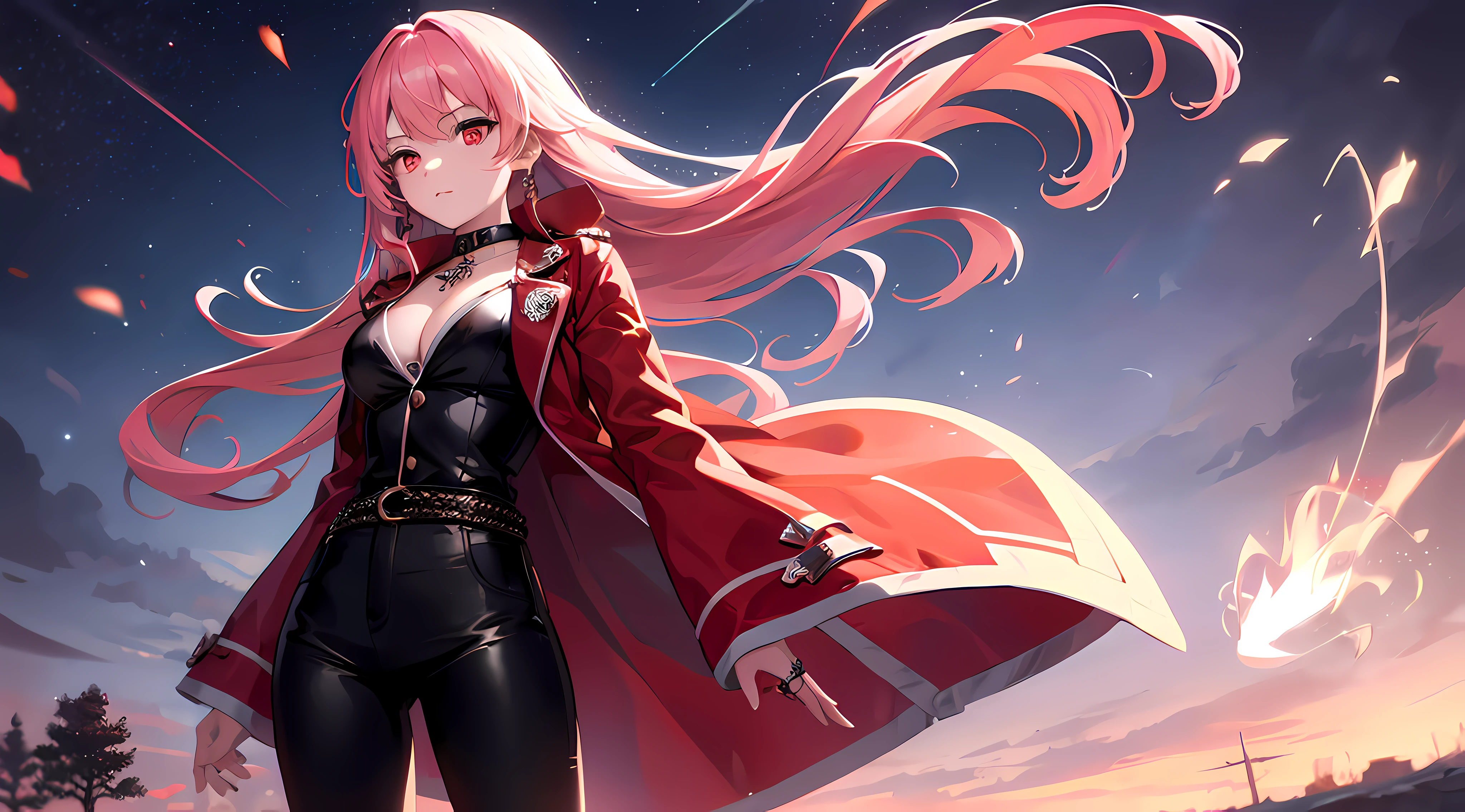 1girl, (18 years old), long hair, pink hair, hime cut, long sleeves, red shirt, pectoral fin cleavage, male focus, black pants, slender red eyes, ring, cute, spin of fire, aura, magic, sparkle, outdoor magic star, highlights, sky clouds, (wide image: 1.2) ,