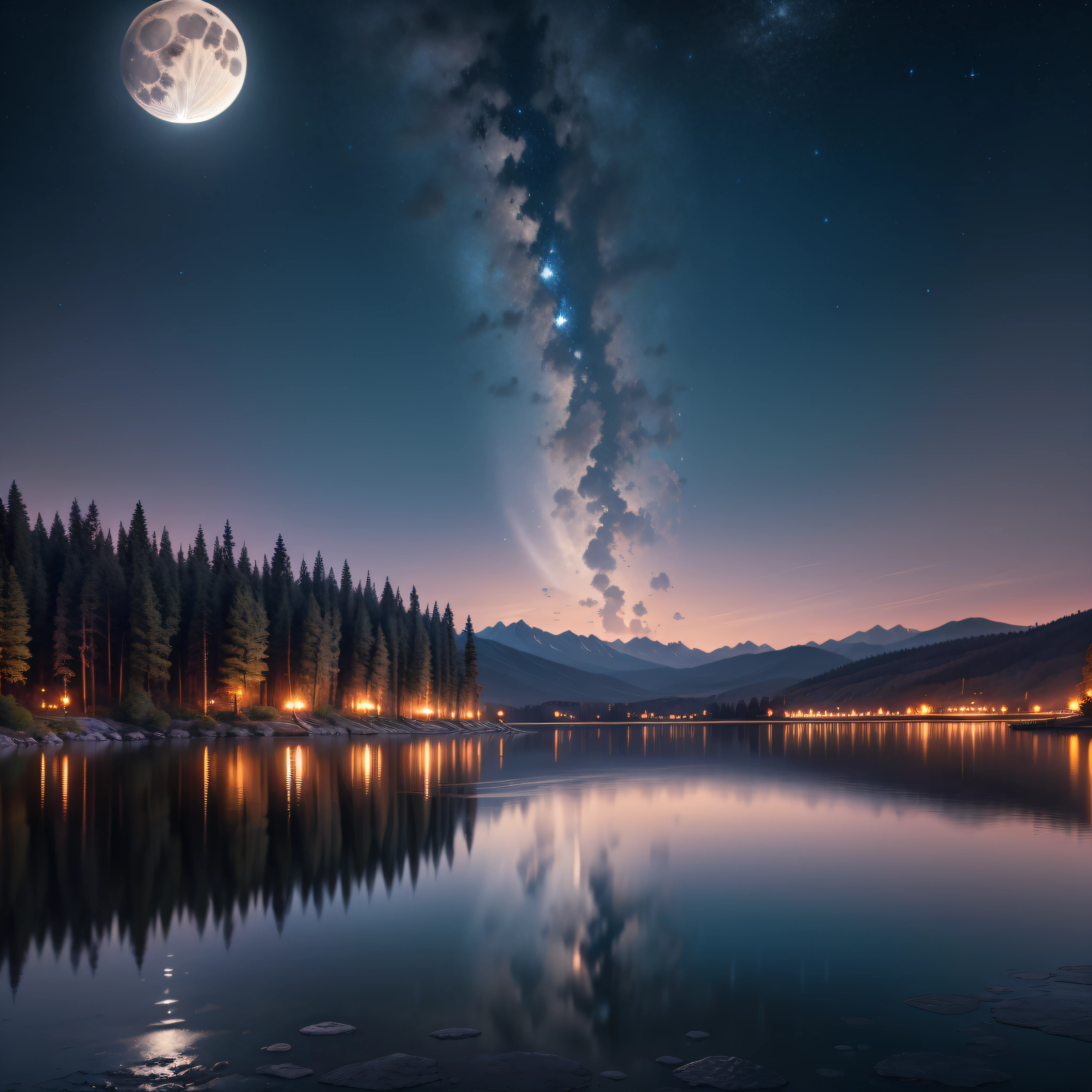 masterpiece. High quality. Lake at night surrounded by mountains and trees. Starry sky. Bao above the water. Full moon reflected in the water. hyper-detailed.8k