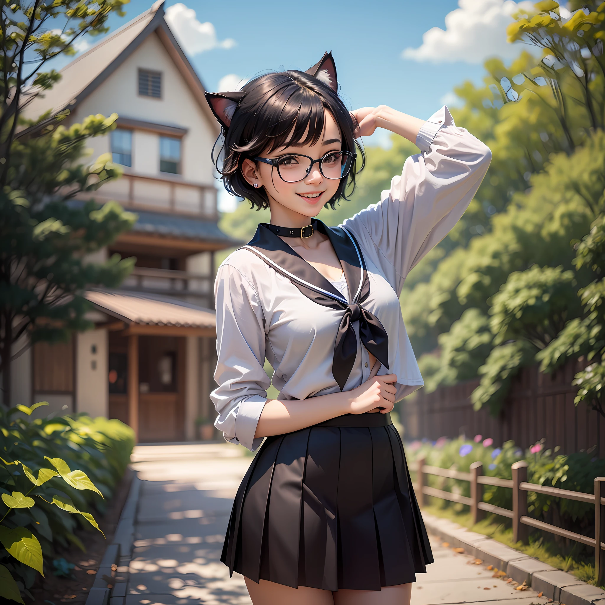 Best Quality, Masterpiece, Ultra High Resolution,8K,Slim, Woman,Slim Body,Tongue Out,Cute Smile,Very Cute,Glasses,Short Hair,Black Hair,Student,Japanese School Uniform,Skirt,Collar,Black Cat Ear,In Flower Garden, Daytime,Looking At Audience,Standing
