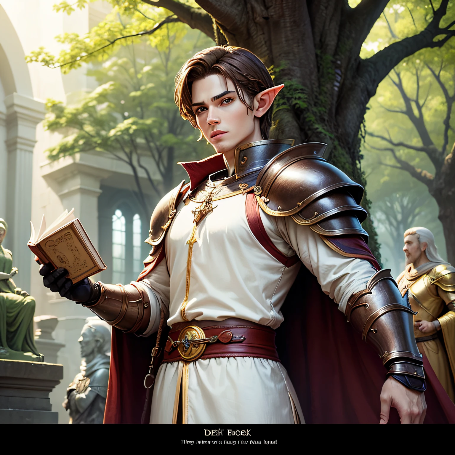 elf, male, brown hair, perfect green eyes, D&D cleric, white clothes with red details, armor, perfect hands, five-fingered hands, golden book, statues in the background, giant tree --auto