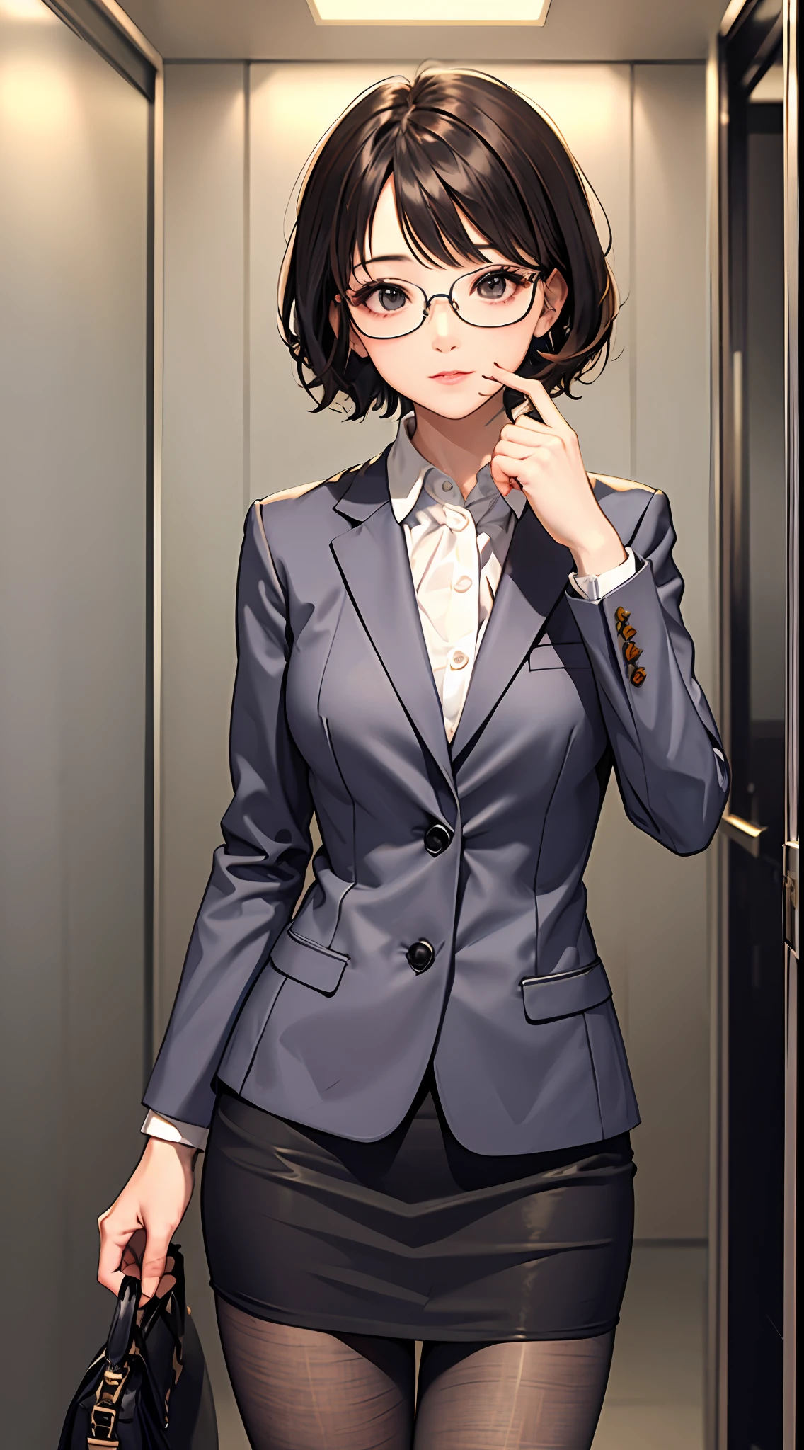 masterpiece,best quality,detailed,elevator,1girl,solo,office lady,suit,pantyhose,short hair, messy hair, center,semi-rimless eyewear,