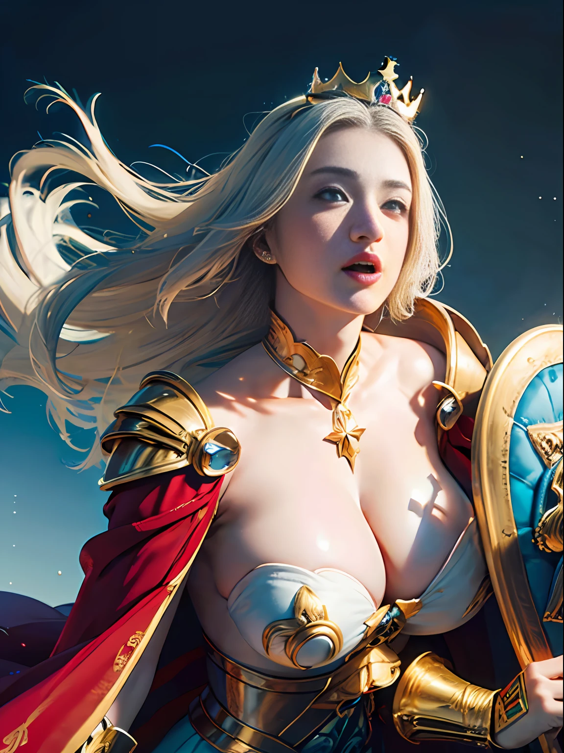 Official Art, Unity 8k wallpaper, ultra detail, masterpiece, best quality, one woman, (very detailed),(RAW photo, best quality), (realistic, photorealistic:1.3), high definition, open mouth wide, ultra-detailed complex 3D rendering of face, (big breasts: 8.8), (highly detailed skin: 1.2), (exposure: 1.1), Beautiful Caucasian woman with full soft breasts and white skin with big ass (topless), breasts, white hair, blue eyes, long hair, (translucent pink dress), dynamic angle, mystical expression, fire glow effect, fantasy background, rim lighting, side light, cinematic light, ultra high definition, 8k, film grain,best shadow, light particles, detailed skin texture, Detailed jewel armor texture, detailed face, intricate detail, super detailed, bright, strong, gold armor, cleavage, slender abs, have glowing weapons, have a shield, pole dron, ((beautiful huge crown with detail)), shining eyes, long red cloak, fantasy, (realistic),