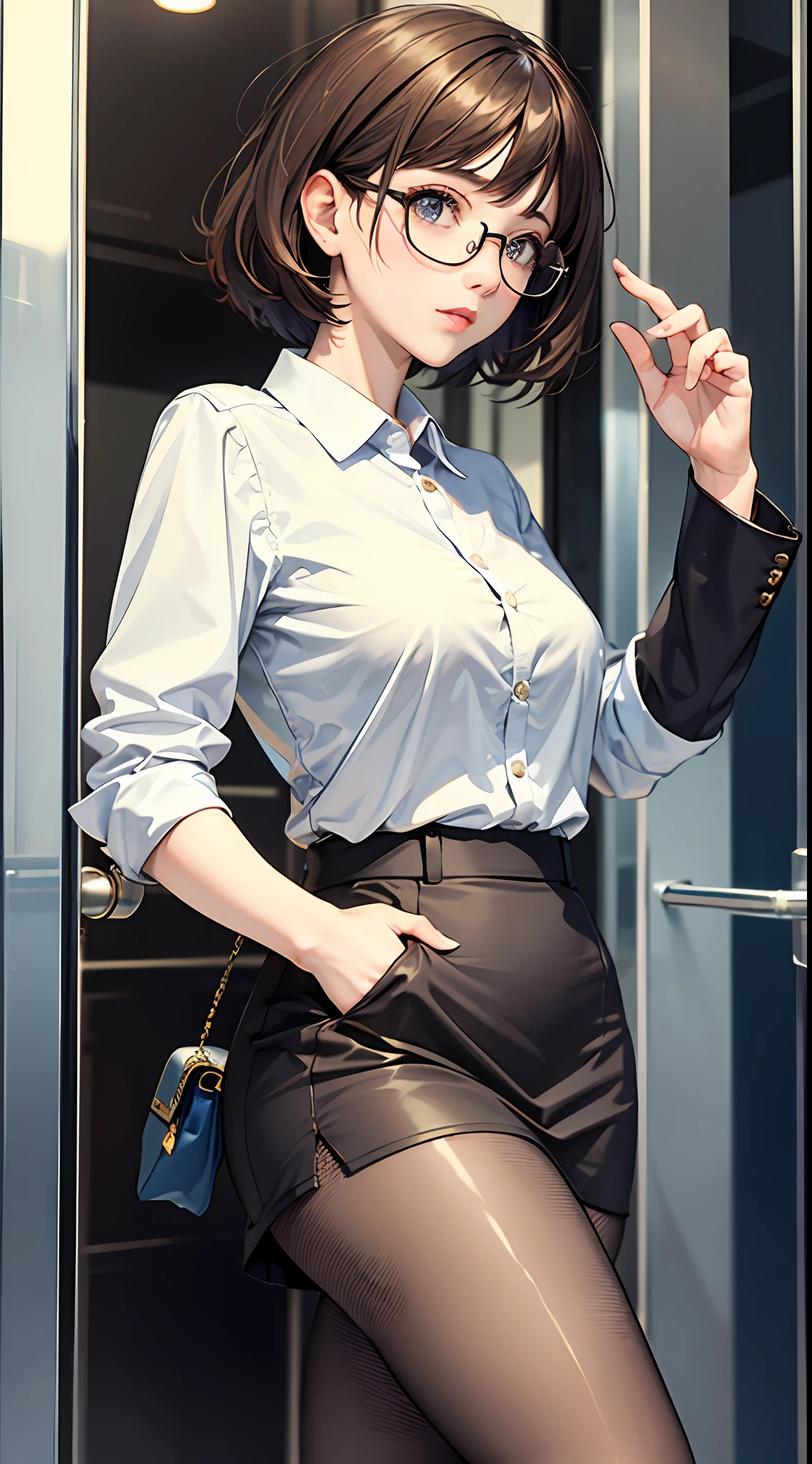 masterpiece,best quality,detailed,elevator,1girl,solo,office lady,suit,pantyhose,short hair, messy hair, center,semi-rimless eyewear,