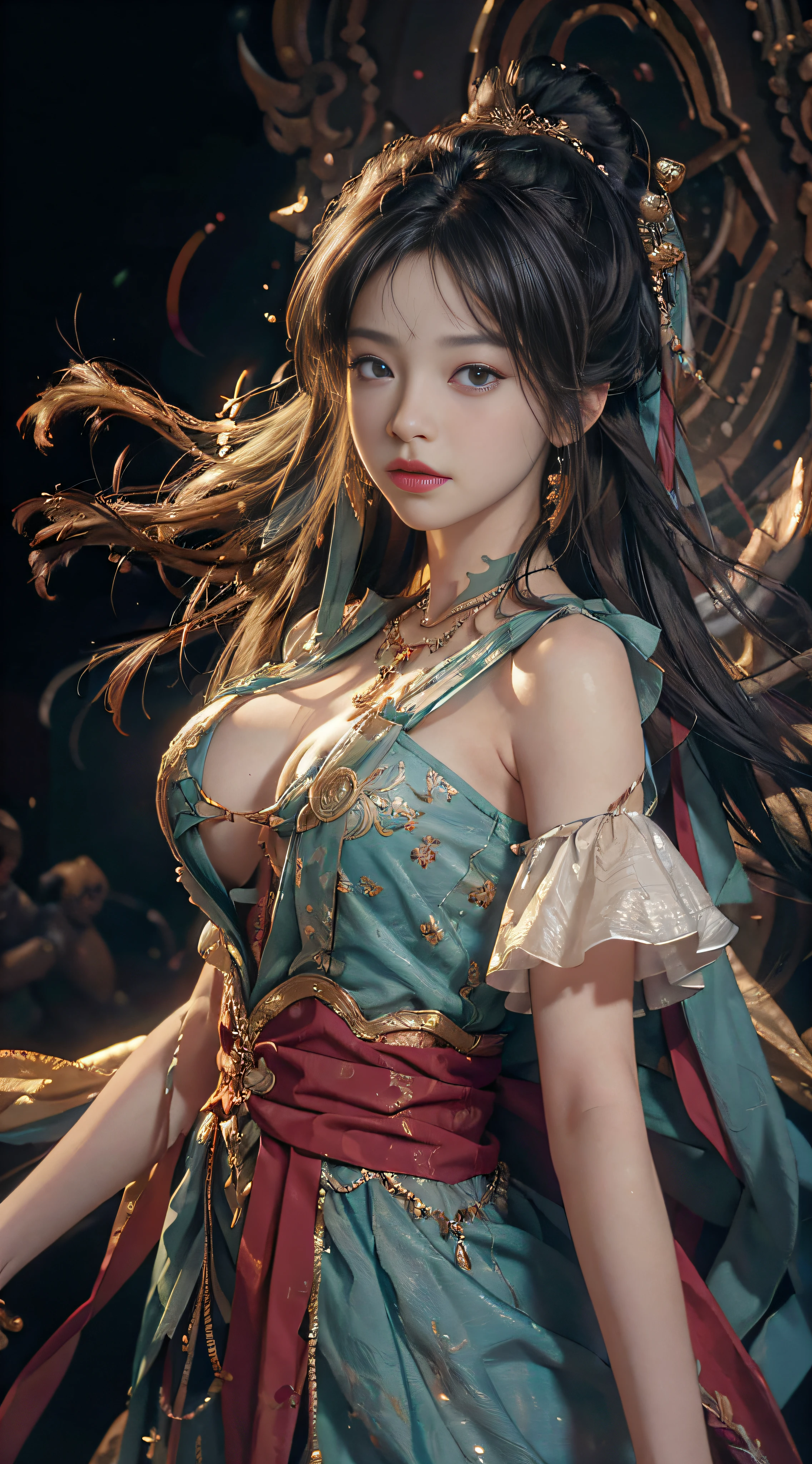 (RAW Photo, Best Quality), (Realistic, Photo Realistic: 1.3), Best Quality, Highly Detailed, Masterpiece, Hyper Detail, Illustration, 1 Girl, upper_body, Dynamic Angle, World Masterpiece Theater, messy_long_hair, Best Quality, Extremely Detailed CG Unity 8k Wallpaper, Ink, Amazing, Cinematic Lighting, lens_flare, dunhuang_style, (Big Tits: 1.4), Sexy