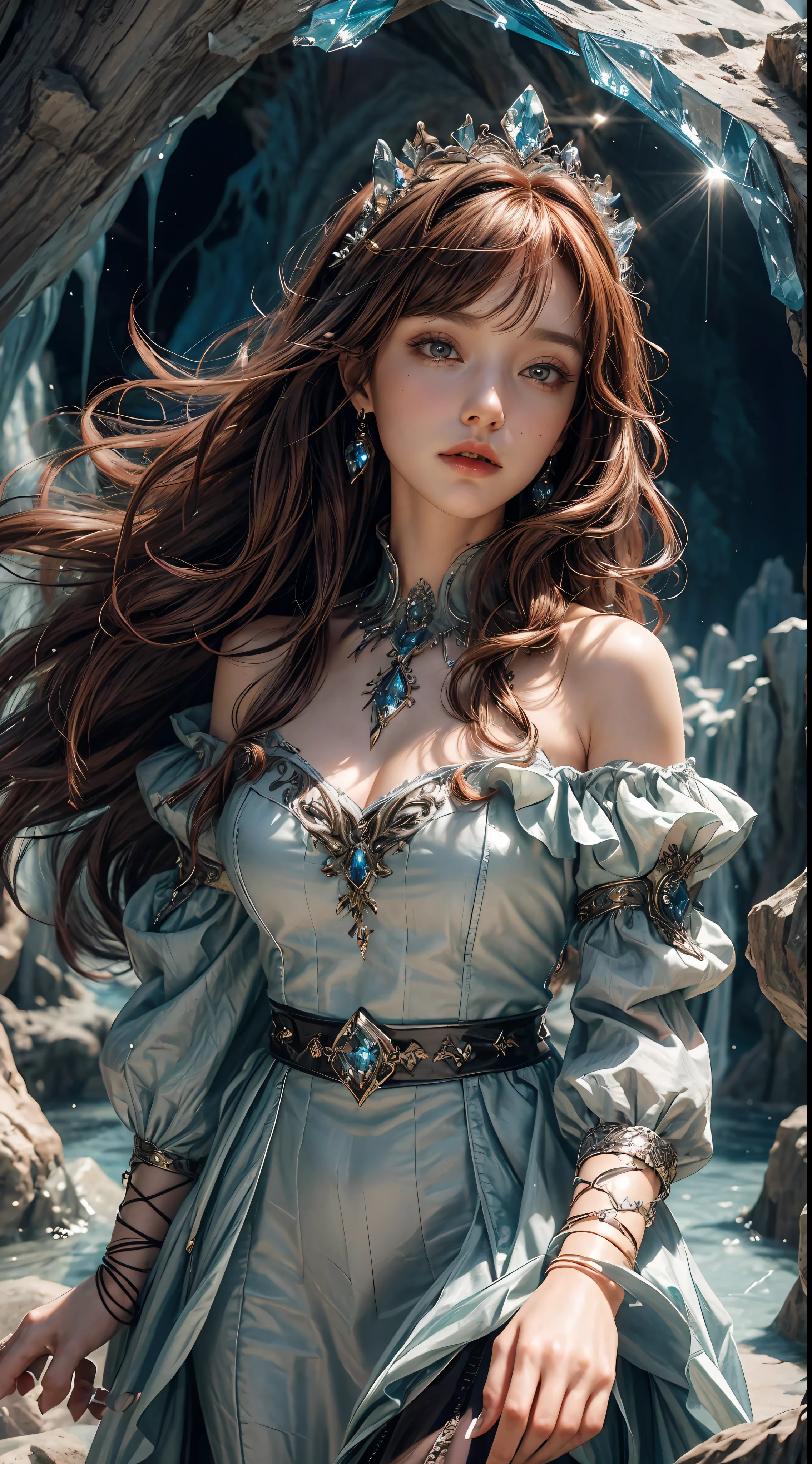 (absurdres, highres, ultra detailed), 1woman, mature female, aged up, wavy long hair, auburn hair, coral eyes, bangs, long sleeves, finely detailed eyes and detailed face, extremely detailed CG unity 8k wallpaper, intricate details, (style-swirlmagic:1.0), looking at viewer, solo, upper body, detailed background, close up, detailed face, (gothic dark ages theme:1.1), crystal sorcerer, dynamic pose, earth themed clothes, crystal crown, floating in the air, glowing magical shards, surrounded by blue magical crystals, rock formations, stalactites, magical floating particles, crystal glass, crystal sphere, crystal canyon background, (shallow water:0.7), epic ethereal atmosphere, updraft,, portrait
