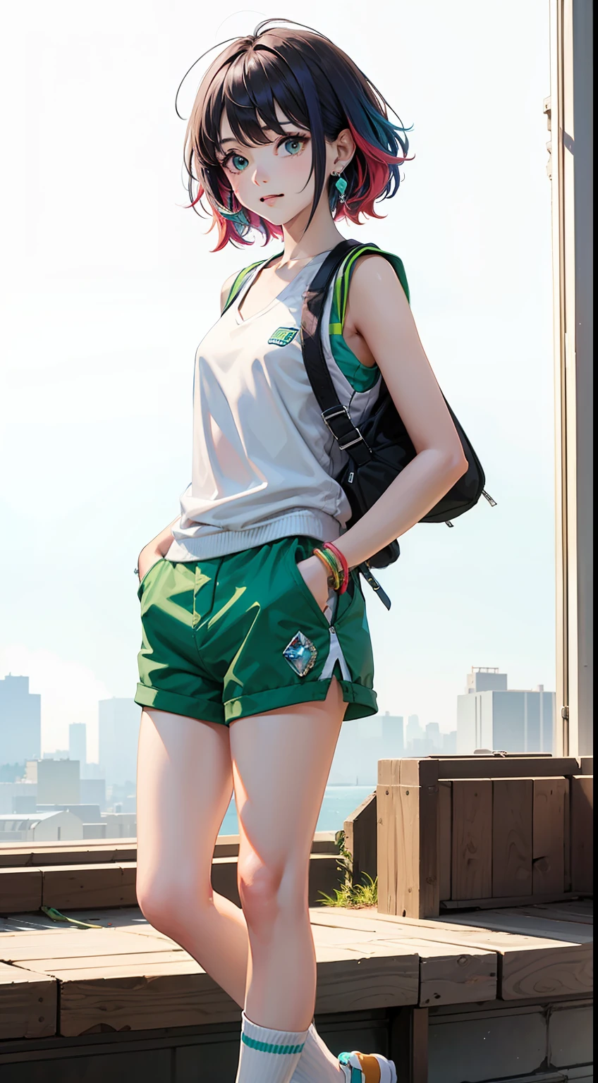 A cute girl,Rainbow colored hair,colorful hair,messy,messy,crystal earrings,white vest,green shorts,hands in pockets,a carefree look,leg rings,brown socks,blue sneakers,