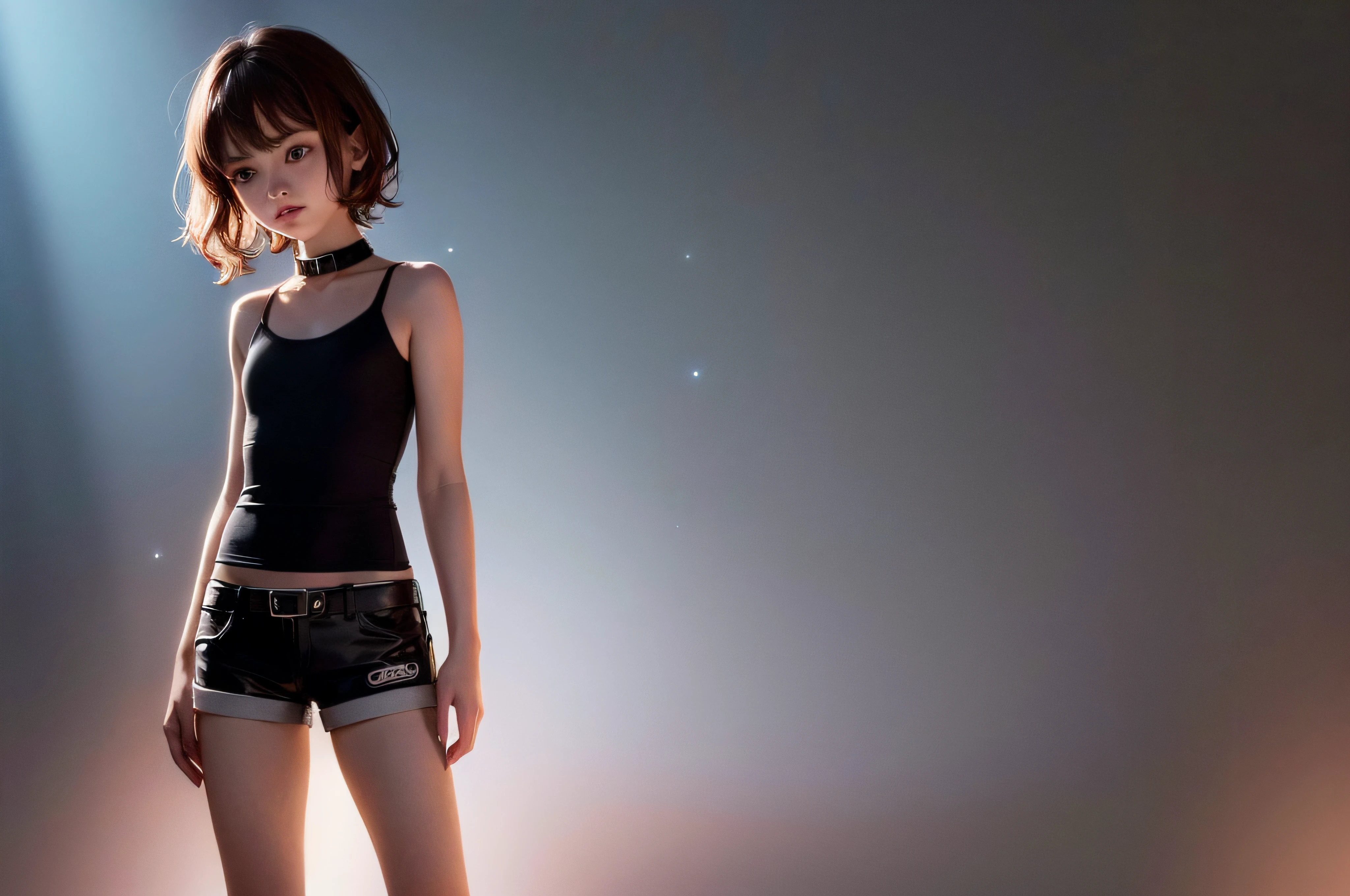 ((Medium, Tomboyish, Small Head)), (Perfect Body: 1.1), (Short Wavy Hair: 1.2), Reddish Brown, Collar, Full Body Shot, Crowded City, Leather Tank Top, Shorts, (Very Elaborate CG 8K Wallpaper), (Very Delicate and Beautiful), (Masterpiece), (Best Quality): 1.0), (Ultra High Definition: 1.0), Beautiful lighting, perfect lightning, realistic shadows, [High Definition], Detailed skins, super detailed ((colorful)), long boots,