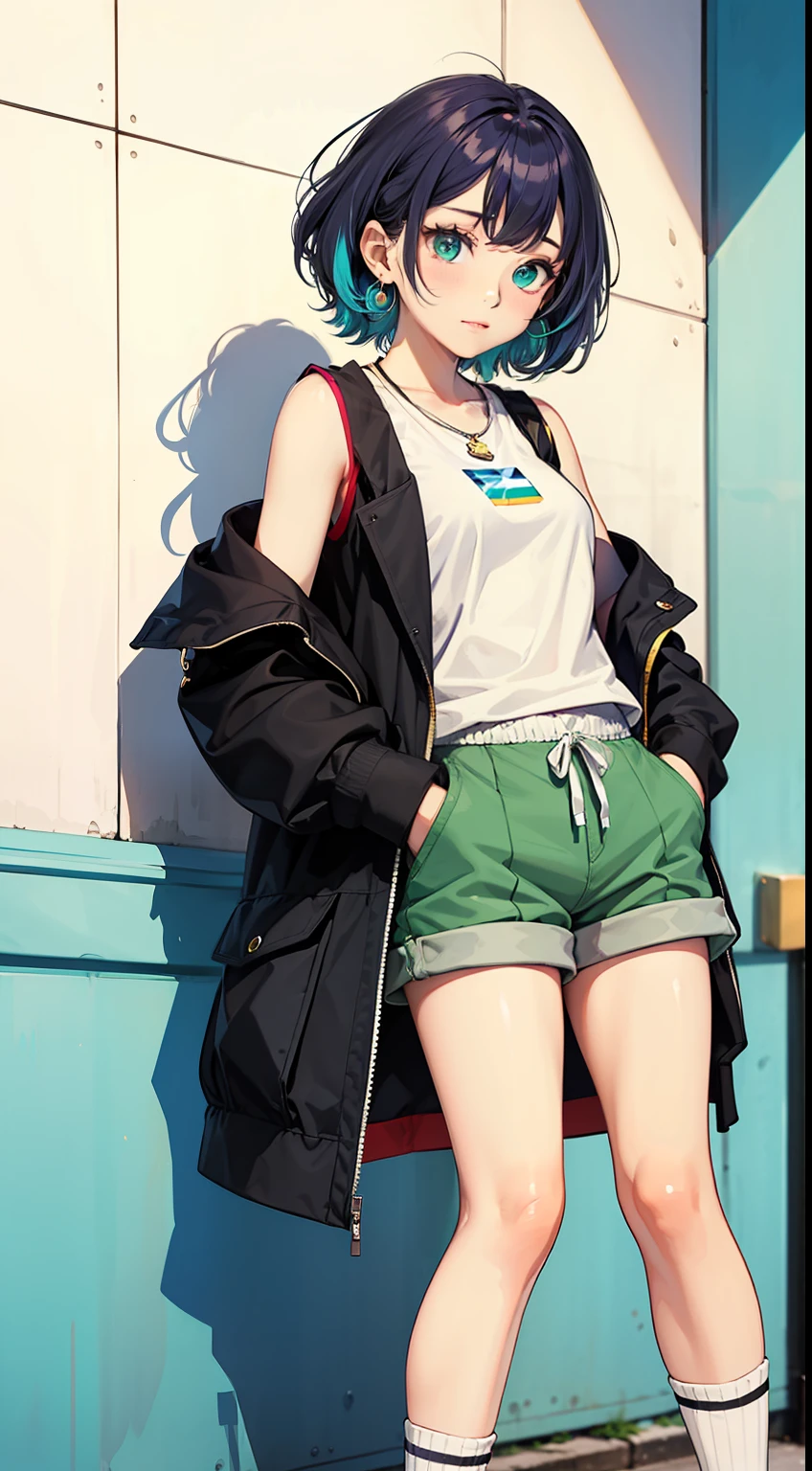 A cute girl,Rainbow colored hair,colorful hair,messy,messy,crystal earrings,white vest,green shorts,hands in pockets,a carefree look,leg rings,brown socks,blue sneakers,