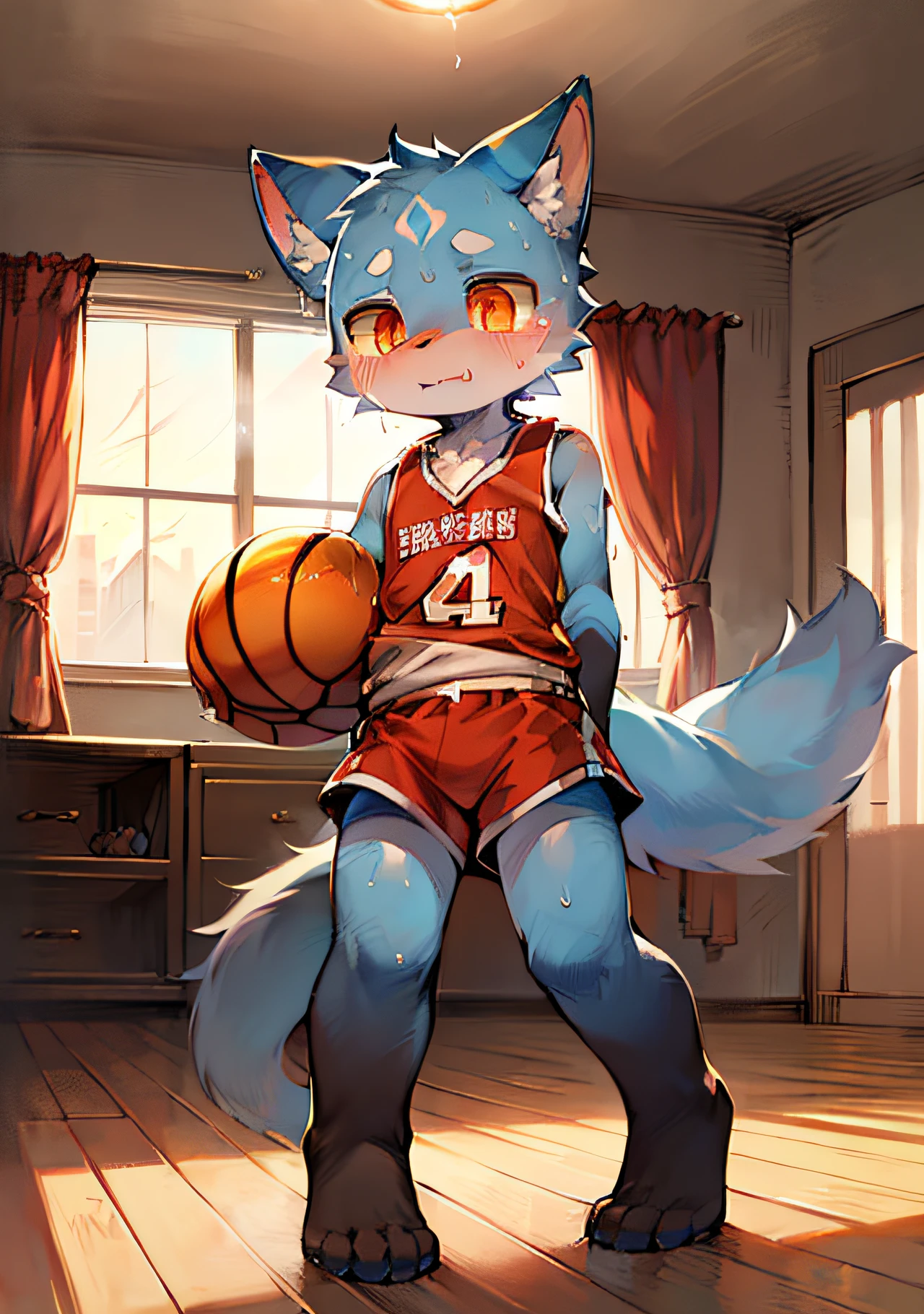 Masterpiece, high quality, absurd resolution, digital painting \ (artwork \), dagasi, yupa, kiyosan, (fluffy fur: 1.1), (brightness: 0.8), anthro male cat. (orange eyes, gray-blue fur, full body fur, cat nose: 1.2), bright eyes, panorama, character focus. Detailed background, (yellow basketball jersey, sweat: 1.2), (indoor, bedroom: 1.2)