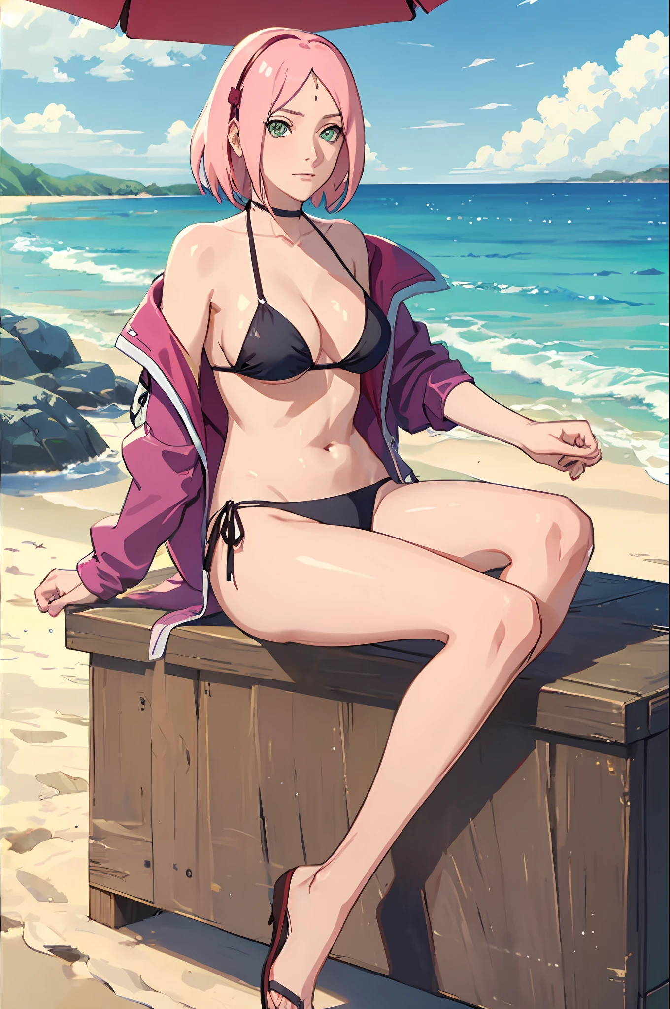 haruno sakura, side tie bikini, medium breast, slim legs, sunny day, Beach, leaning, beautiful eyes