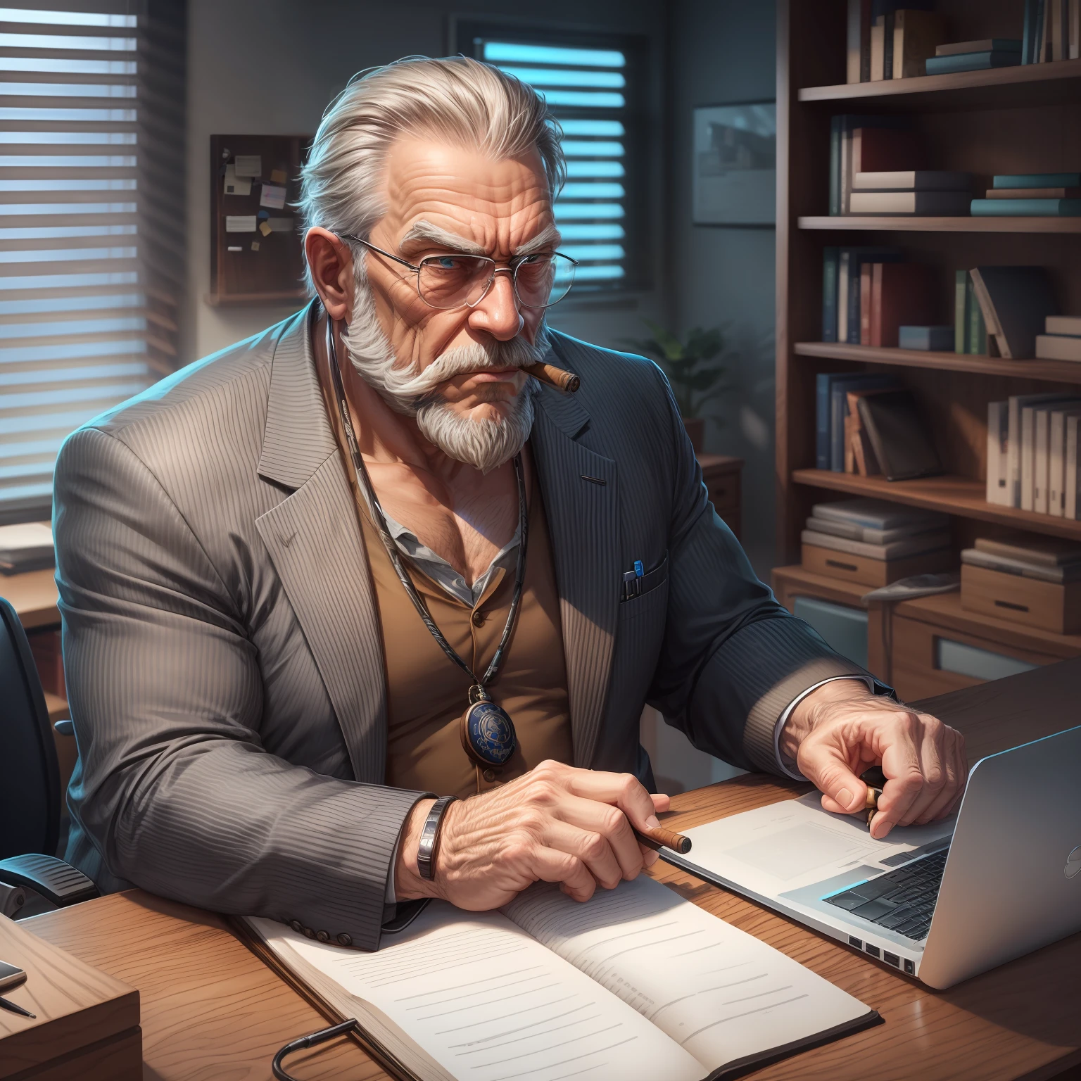 Old man, gray, strong, medium beard, bulk, sitting, wearing brown pants, blue eyes, holding a cane in his right hand, holding a cigar with his left hand, wearing a dress shirt, (wearing overcoat), in an office, computer on the desk, bookshelf behind, wooden desk, realistic, futuristic, police badge on the desk.
