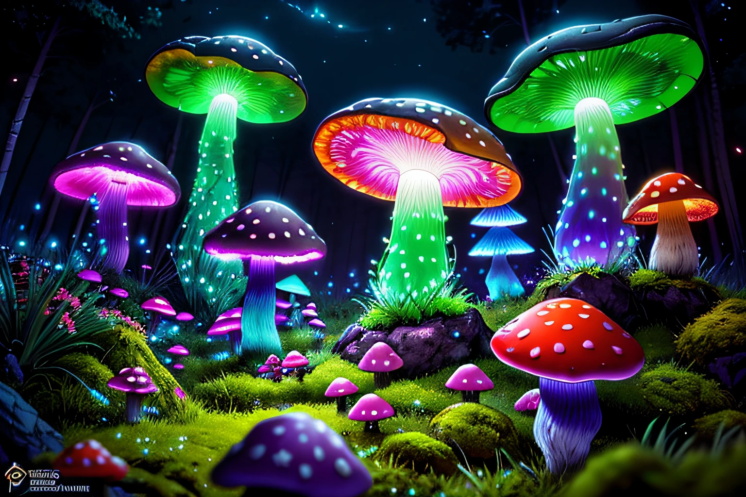 (highly detailed:1.2),(best quality:1.2),8k,sharp focus, (subsurface scattering:1.1)
(glowing magic bioluminescent mushrooms:1.2),psychadelic magic particles inthe air,  (neon bioluminescent mushroom forest at night:1.2), (magical fireflies:1.2)
(very detailed trees and rocks and moss:1.2), (highly detailed background:1.3), RPG, Elden Ring style, (fantasy:1.3),(hyperrealistic:1.1), (((night))), cinematic lighting, highly detailed, artstation,smooth, sharp focus, artgerm, greg rutkowski, editor's pickup, trending on artstation, trending on deviantart, wlop, (contrast:0.4),