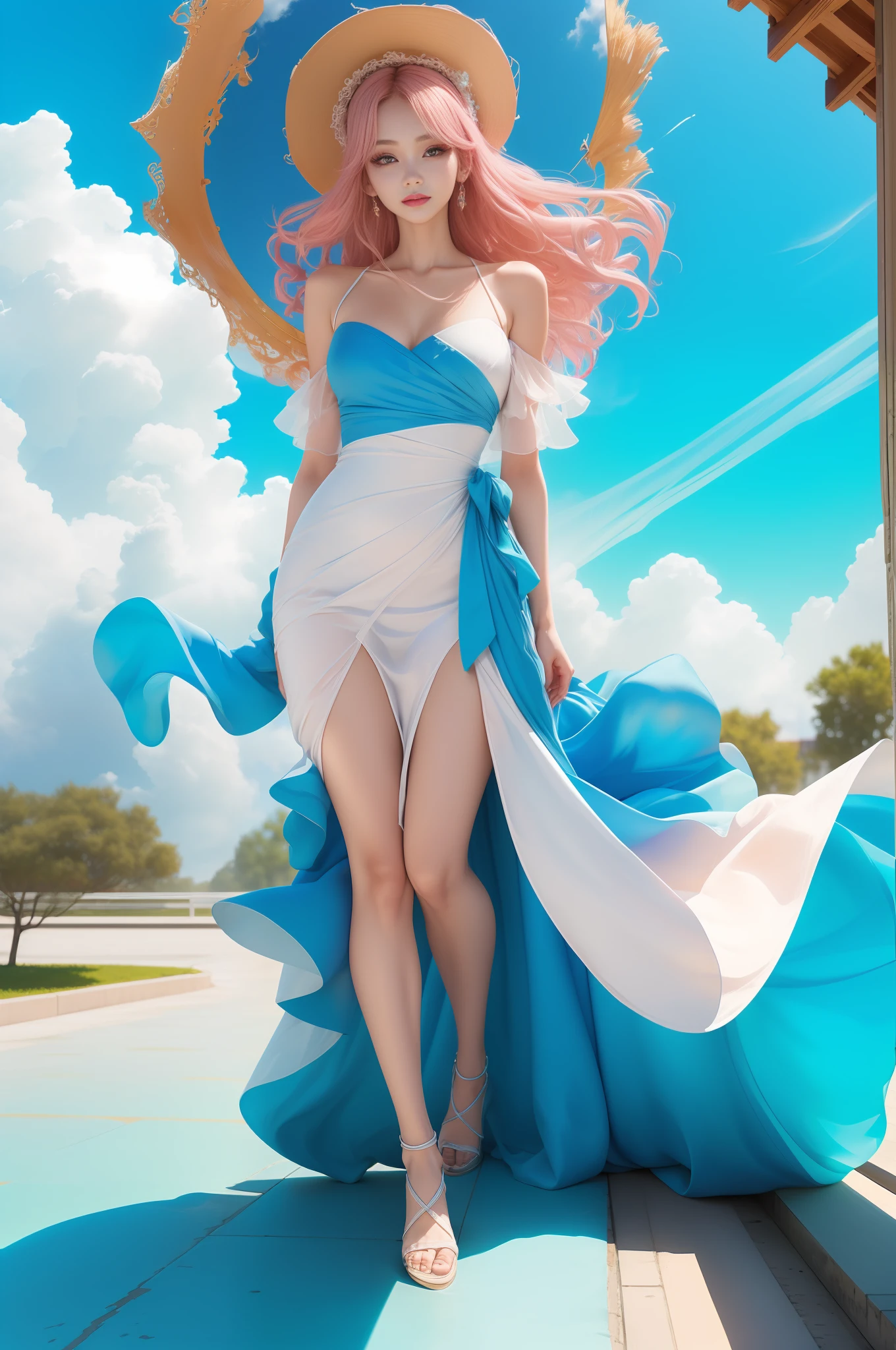 (8k, RAW photo, photorealistic:1.25) ,( lip gloss, eyelashes, glossy side, shiny skin, best quality, ultra high resolution, depth of field, chromatic aberration, caustic, wide light, natural shadow, headwear, kpop idol) ,light pink and blue style, 1girl, (blue sky: 1.5), tall and thin beauty goddess, flowing dress, conservative girl, cloud goddess, flowing white fabric, wearing a flowing dress, realistic, (background with blue sky and white clouds: 1.4), (wind: 1.5), (full body: 1.5), add_detail,