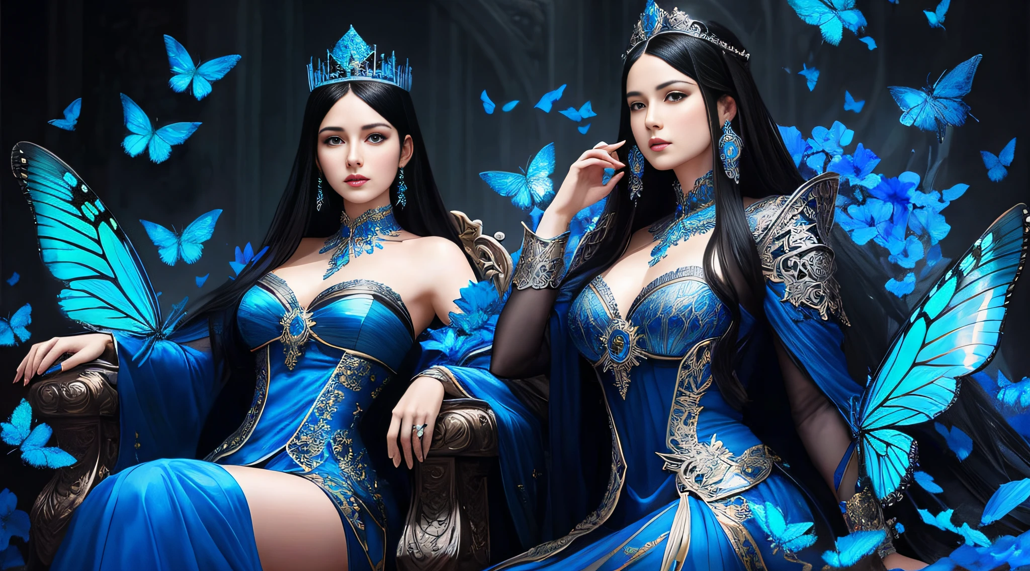 a Full body photo of a beautiful queen with black hair sitting a blue throne, 8k intricate, elegant, highly detailed, majestic, digital photography, art by Artgerm and Ruan Jia and Greg Rutkowski Surreal painting of filigree blue butterfly, broken glass (masterpiece, side lighting, beautiful finely detailed eyes: 1.2 ), hdr