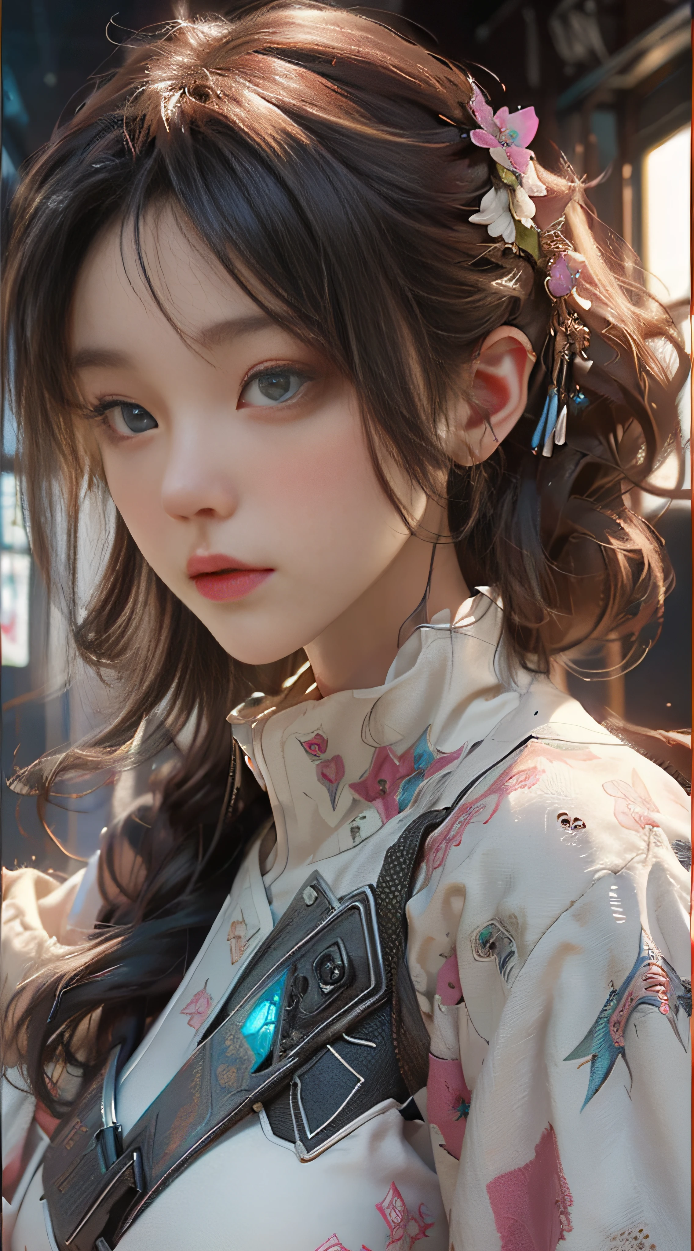 ((best best quality)), ((MasterPiece)), (Detail:1.4), 3D, A beautiful cyberpunk female image,HDR(high dynamic range),RayTrace,nvidia rtx,The ultra-Resolution,Unreal 5,Subsurface scattering、pbr texturing、postprocessing、Anisotropic Filtering、depth offield、Maximum Clarity and Clarity、Many-Layer Textures、Albedo and Specular map、Surface coloring、Mitsu-Accurate simulation of material interactions、Perfect Scale、octanerendering、Two-colored light、large aperture、low ISO、white balance、Rule of Thirds、8K RAW、beautiful bright pupils,flowing robe,Fine pupils,Detailed face and eyes,Long Lashes,Blushlush,voluminous hair,Tender red lips