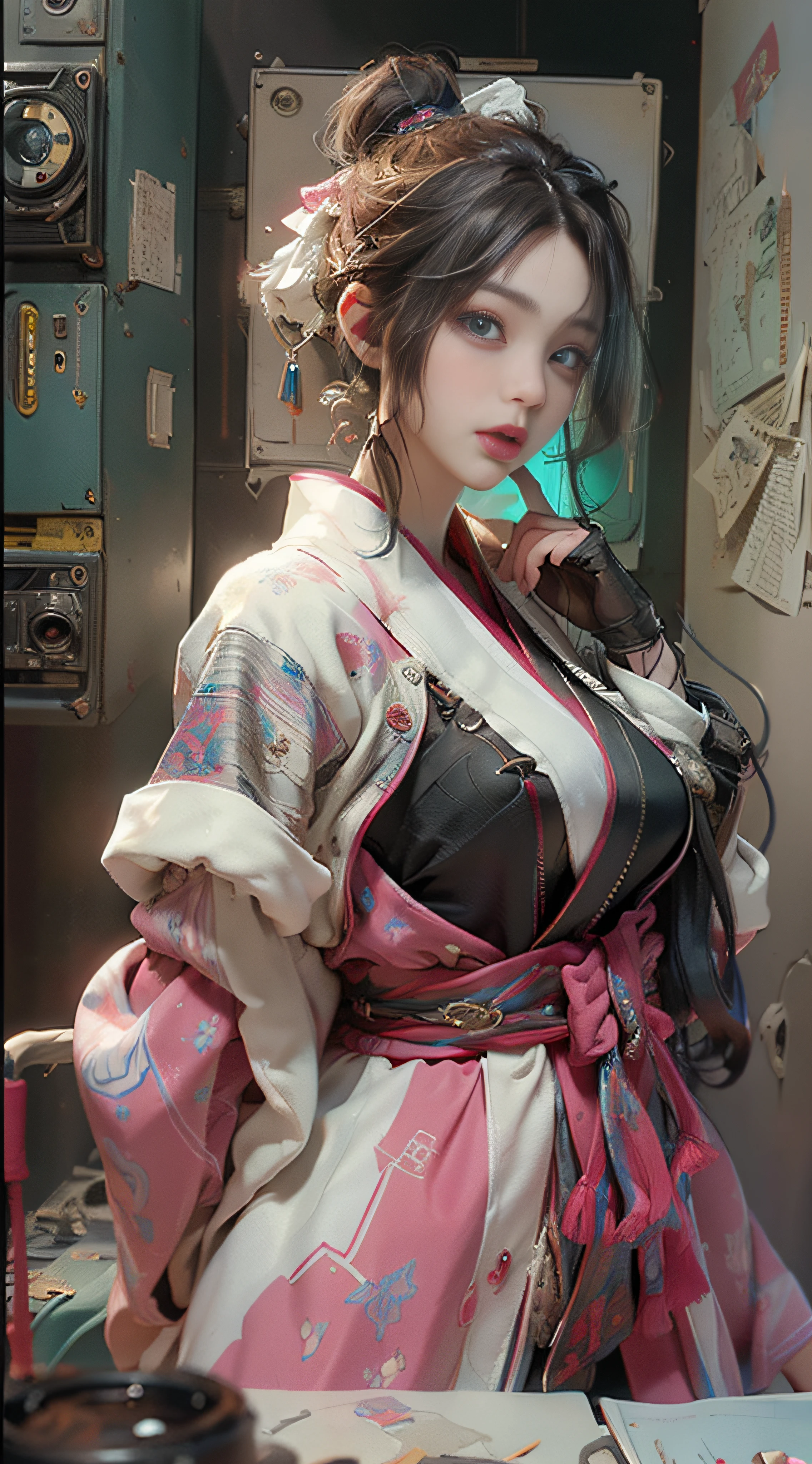((best best quality)), ((MasterPiece)), (Detail:1.4), 3D, A beautiful cyberpunk female image,HDR(high dynamic range),RayTrace,nvidia rtx,The ultra-Resolution,Unreal 5,Subsurface scattering、pbr texturing、postprocessing、Anisotropic Filtering、depth offield、Maximum Clarity and Clarity、Many-Layer Textures、Albedo and Specular map、Surface coloring、Mitsu-Accurate simulation of material interactions、Perfect Scale、octanerendering、Two-colored light、large aperture、low ISO、white balance、Rule of Thirds、8K RAW、beautiful bright pupils,flowing robe,Fine pupils,Detailed face and eyes,Long Lashes,Blushlush,voluminous hair,Tender red lips