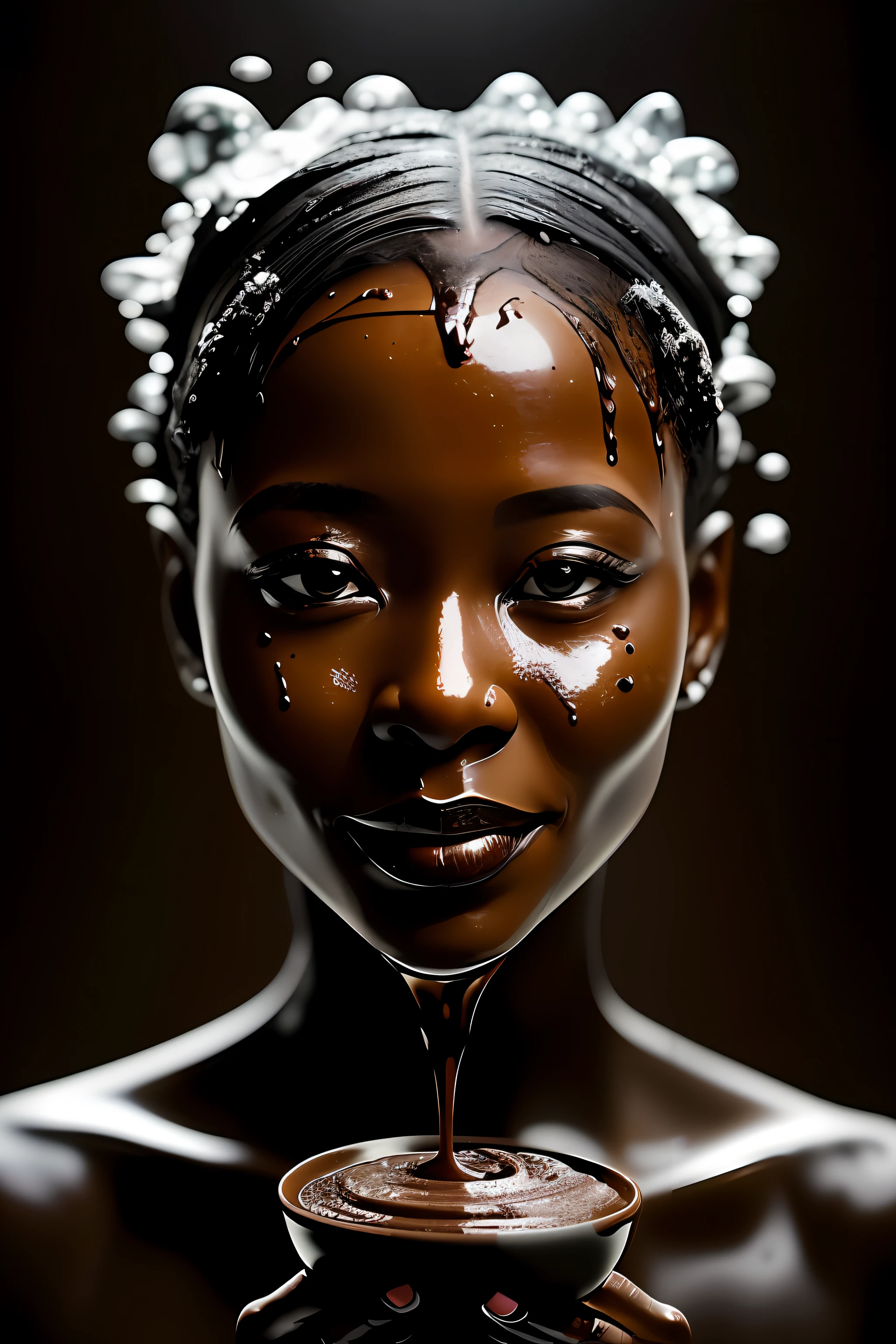 There's an African woman under a chocolate waterfall, chocolate pouring into her hair and shoulders, a hyperrealistic, smiling photograph, smothered in melted chocolate, oozing black goo, sticky black goo. photograph, covered in black goo, made of smooth black goo, black oil, dripping on her skin, black slime, black hair, detailed, (chocolate pouring in the background)+ shiny skin, happy expression on her face, Asian women in a chocolate room, ((chocolate pouring down)), black oil lees, covered with liquid tar. DSLR, oozing black goo, chocolate river, fuji choco, onsen, made of smooth black goo, african woman, chocolate art, chocolate, dark chocolate paint, chocolate sauce, topped with pudding. DSLR, Chocolate