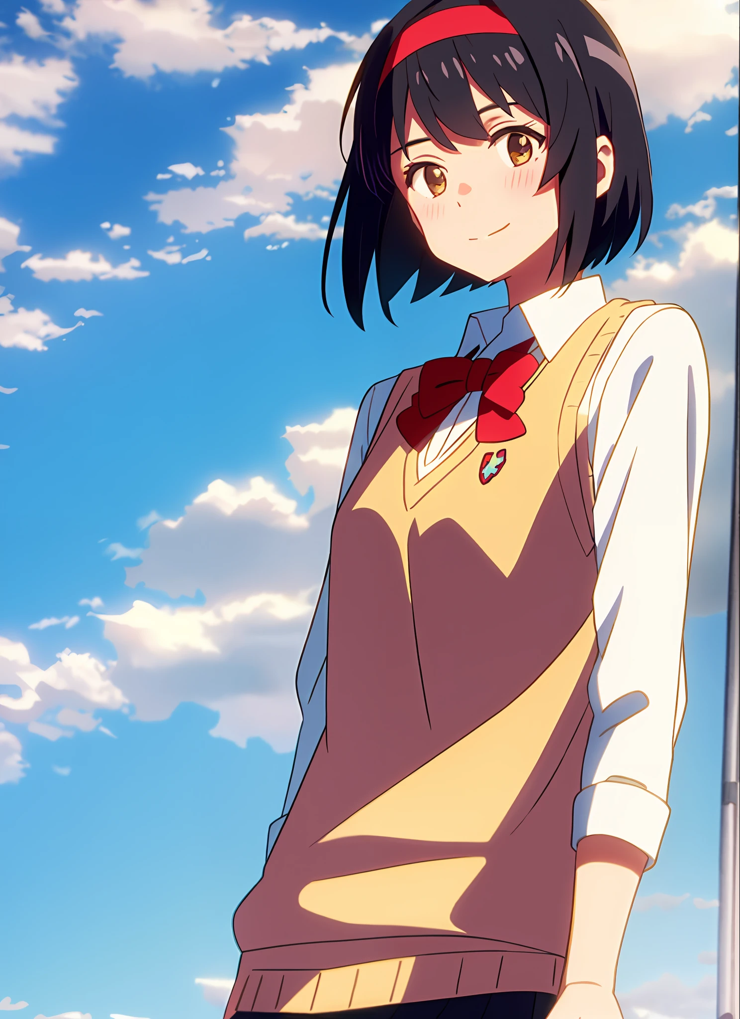 shinkai makoto, kimi no na wa., 1girl, bangs, black hair, blue sky, blush, bow, bow, brown eyes, cloud, collared shirt, headband, headband, looking at the audience, Negative Space, Outdoor, red bow, red bow, red headband, red ribbon, Ribbon, school uniform, shirt, short hair, sky, smile, solo, sweater vest, upper body, vest, white shirt, yellow sweater vest, yellow vest