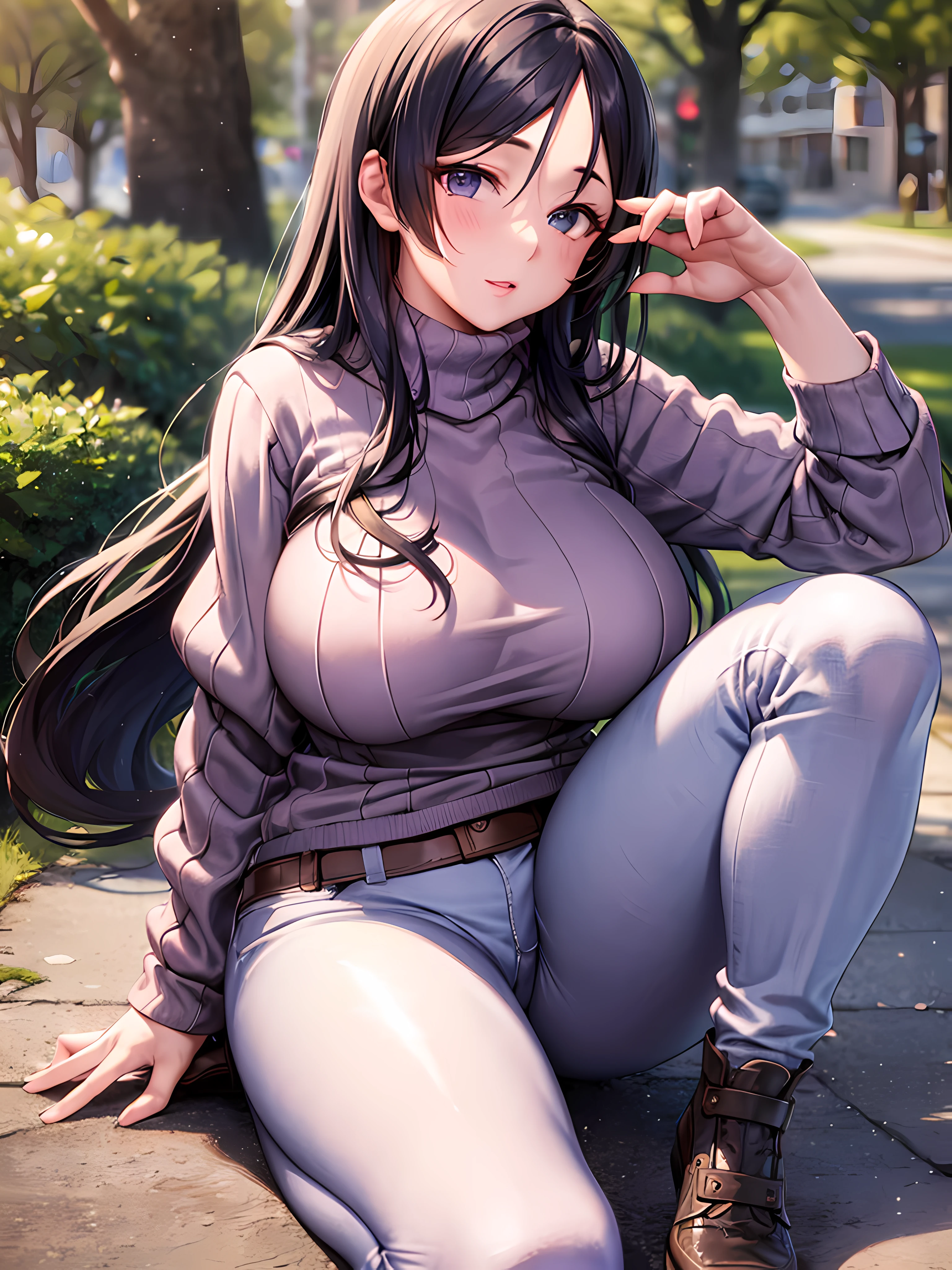 (masterpiece)), ((best quality)), (ultra-detailed), ((kawaii)), cute, (lovely), ((extremely detailed)), 4K, (8K), best quality, (beautiful),(((world-class quality))), extremely detailed, high resolution, (detailed shaded pretty face), full body, ager, solo, (((gigantic breasts))), (((sagging breasts))), spring_costume, brown sweater, sweater, ribbed_sweater, long_sleeves, white_pants,