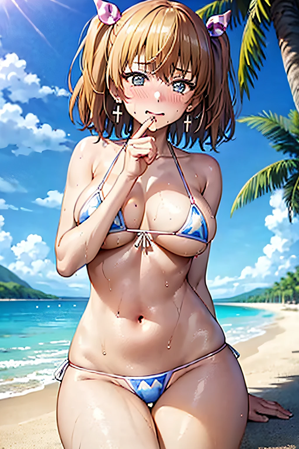 (best quality:1.1), masterpiece, 
1girl, wakakusa moena, heart pattern, blue eyes, hair ribbon, cross earrings, white hair, (large breasts:1.3), (wet skin:1.2), (sweat:1.3), (hand on mouth), cute pattern micro bikini, beach,  water, water reflection, palm tree, mole under mouth, (embarrassed:1.3), (blush:1.2), looking at viewer,  licking finger,