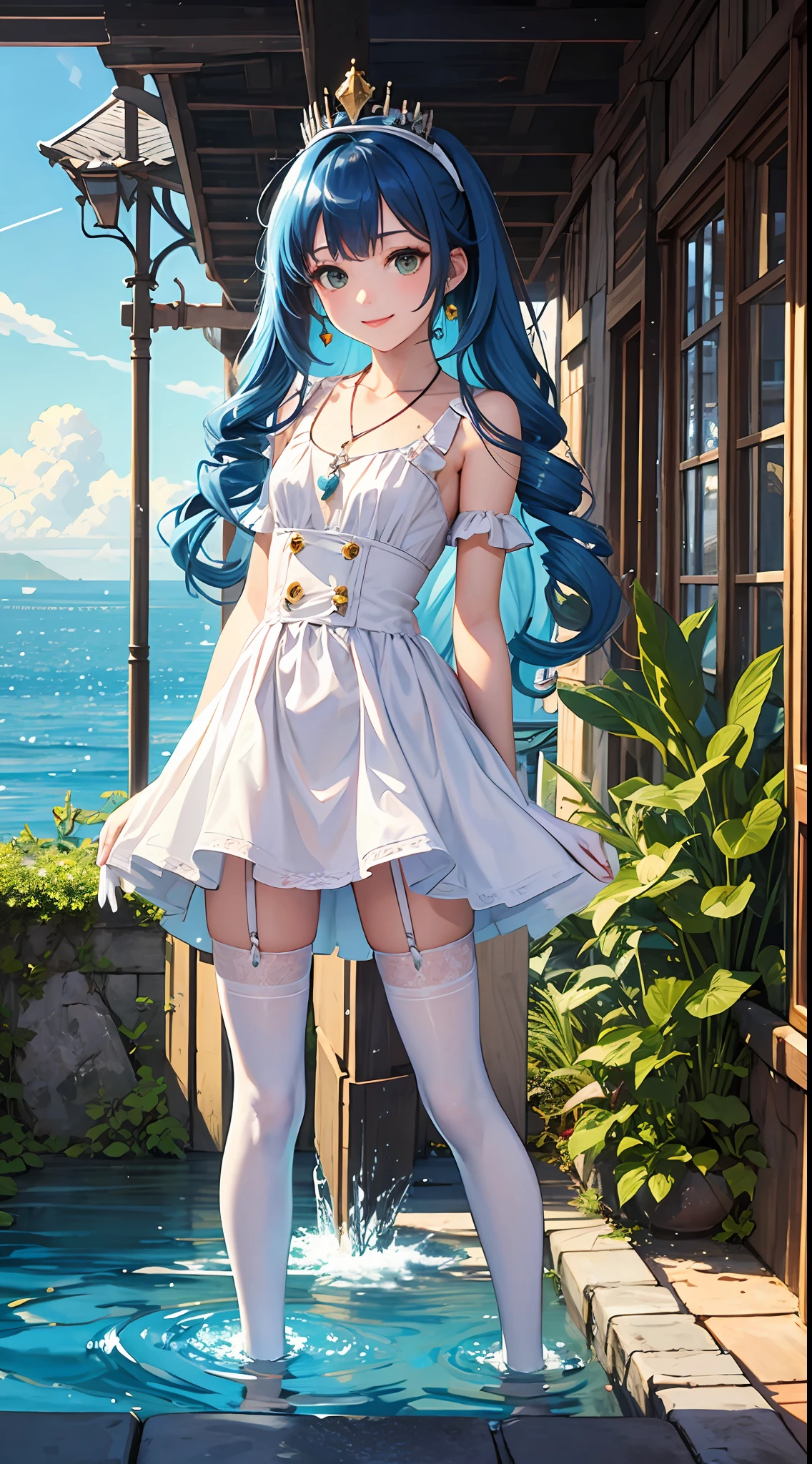 (masterpiece:1.1), (best quality:1.1), 1girl, solo, loli, flat chest, military uniform, white dress, buttons, looking to the side, wariza, arm support, drill hair, wet dress, blue hair, white thighhighs, wet hair,white gloves, bow, crown, necklace, smile, green eyes, beautiful detailed water, ocean, starry sky, sunlight, shooting star
