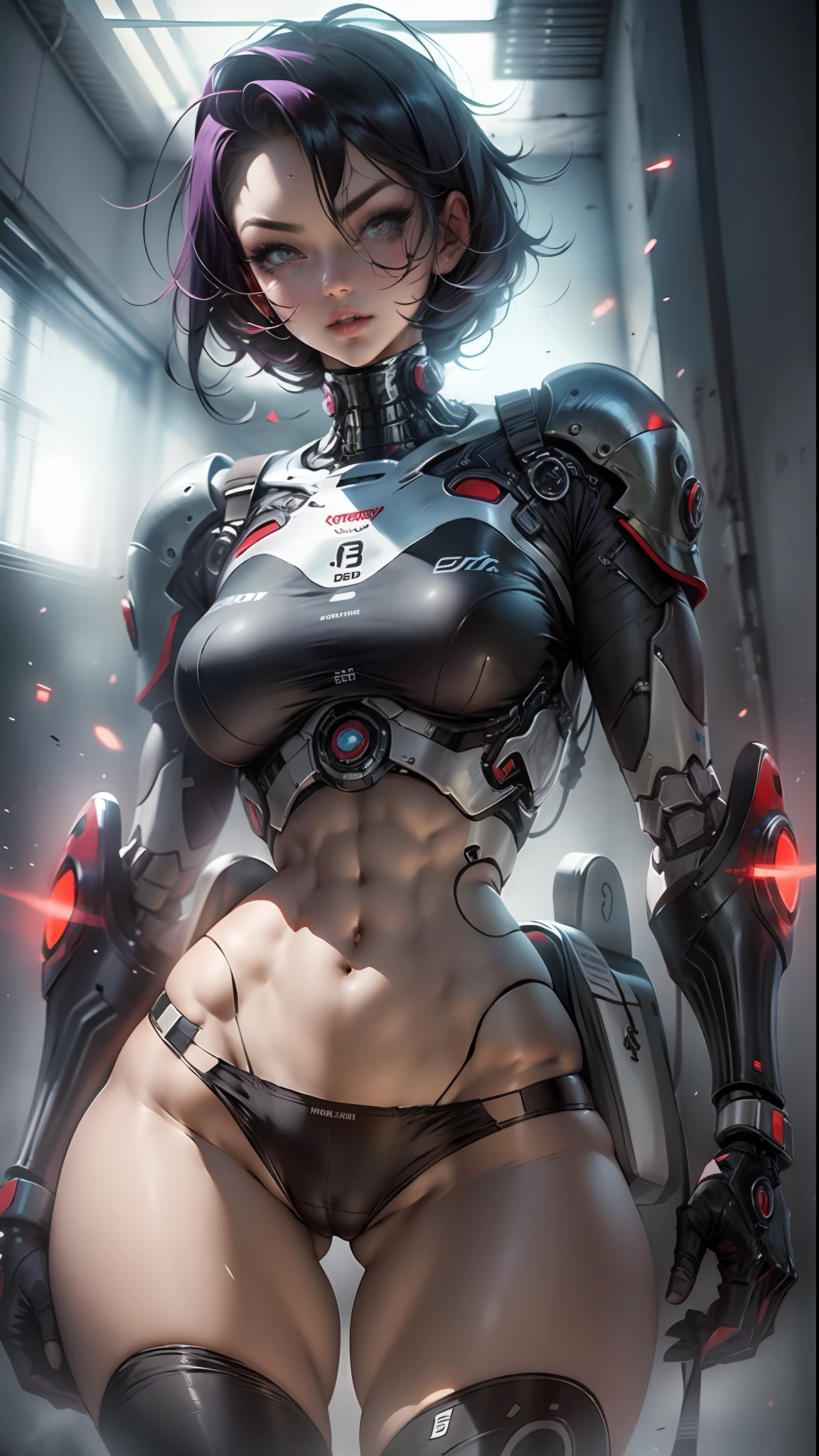Woman body defined thick thighs cybernetic body parts, short underwear
