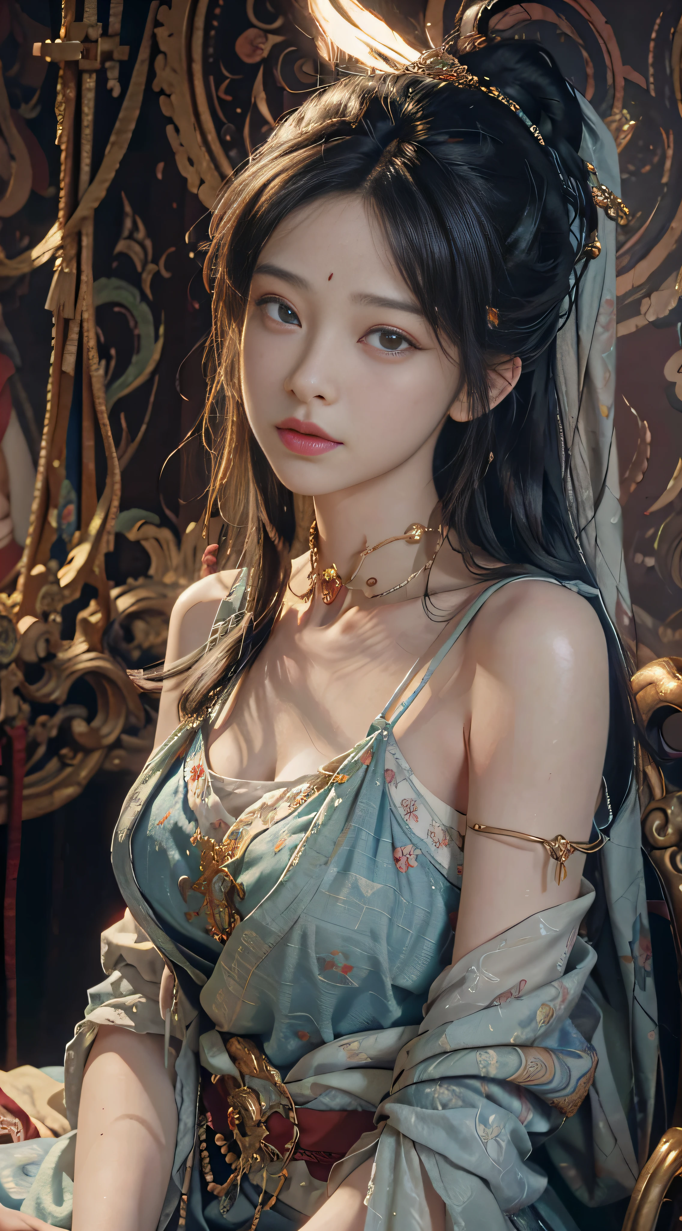 (RAW photo, best quality), (realistic, photo-realistic:1.3),best quality,highly detailed,masterpiece,ultra-detailed,illustration,1girl,upper_body,dynamic angle,world masterpiece theater,messy_long_hair,best quality,extremely detailed CG unity 8k wallpaper,ink,Amazing,cinematic lighting,lens_flare, dunhuang_style,巨乳,性感