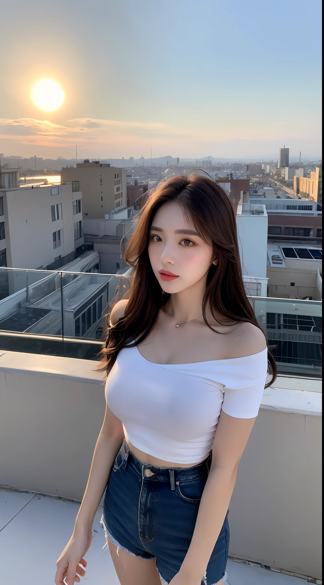((Midnight, Best quality, 8k, Masterpiece :1.3)), Whole body, Long legs, Sharp focus :1.2, A pretty woman with perfect figure :1.4, Slender abs :1.1, ((Dark brown hair, Big breasts :1.2)), (White tight tshirt, Jean bib, Standing:1.2), ((Night city view, Rooftop:1.3)), Highly detailed face and skin texture, Detailed eyes, Double eyelid, sunset, darken, backlit, off shoulder