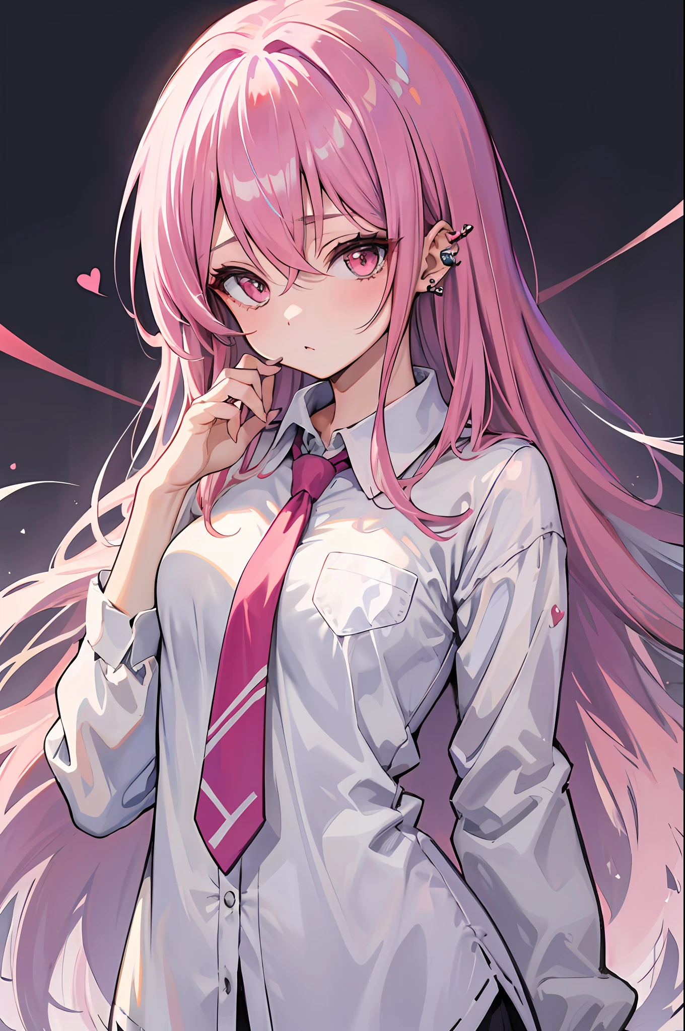 anime girl with pink long hair and white shirt and tie, anime style、、、 heart piercing, pink hair, calm shades,