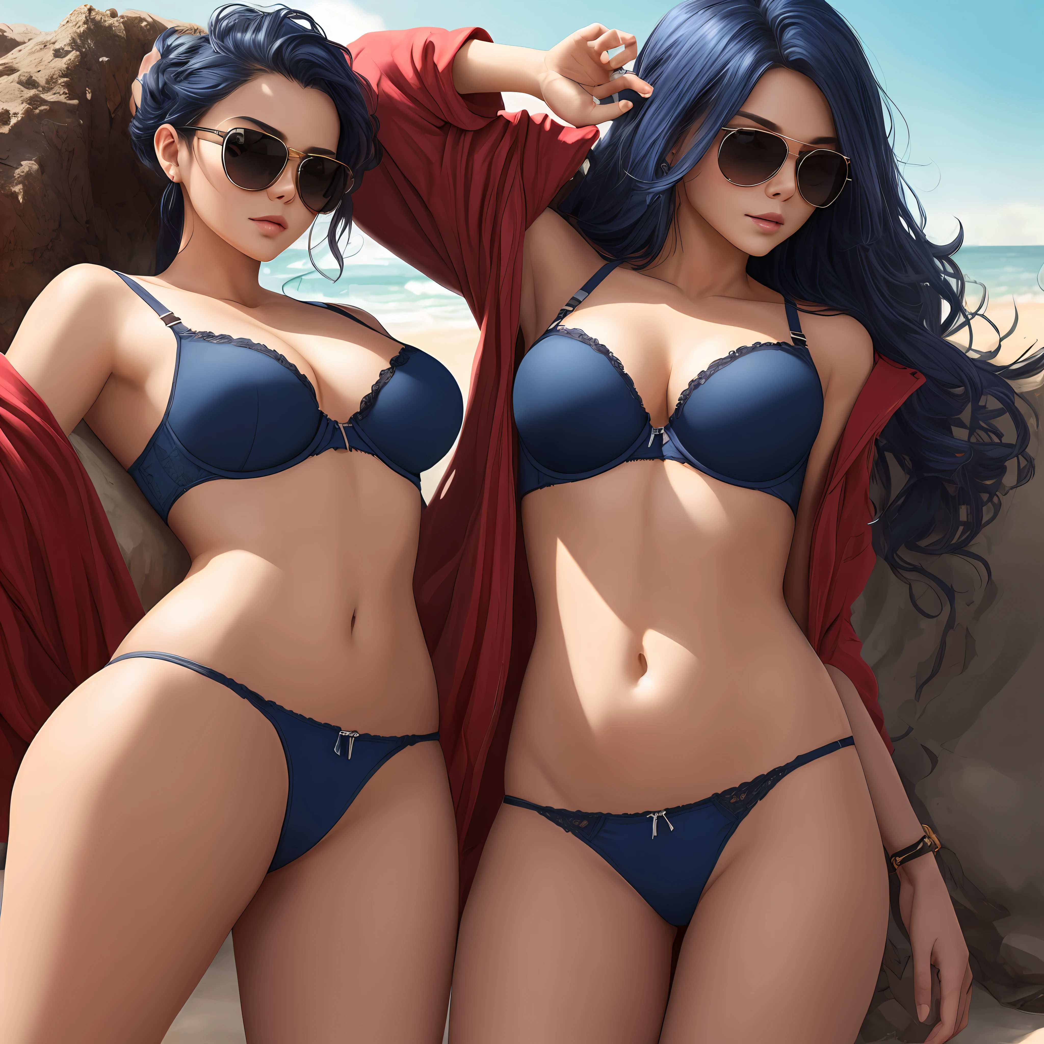 A closeup of a woman, Extremely detailed Artgerm, beach, Artgerm Lau, Artgerm Style, Detailed Artgerm, Concept art, qiyana, league of legends, dark blue hair, | Artgerm, Artgerm in Artstation Pixiv, Irelia, Sunglasses, Sunglasses, Hair Tied, Dark Skin,Woman on Her Back, Mature, Red Eyes, -Curly Hair, Big  Short Panties, Glued Clothing, Red Panties, Thin Bra,  Auto Bra --auto