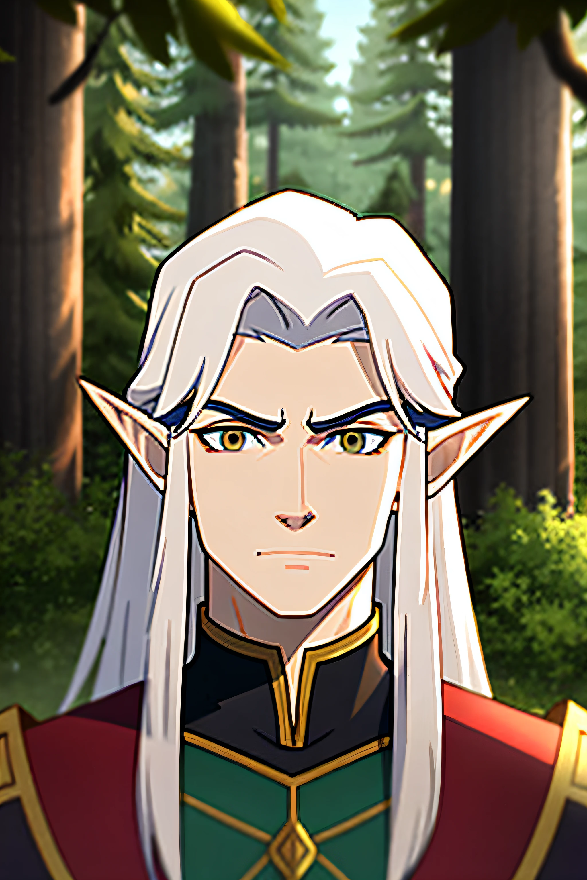 vox machina style, outdoors, woods, trees, solo, 1boy, male focus, white hair, very long hair, gray eyes, pointy ears, circlet, elf, upper body, looking at viewer, manly, tiara, closed mouth, green robes, portrait , ((masterpiece))