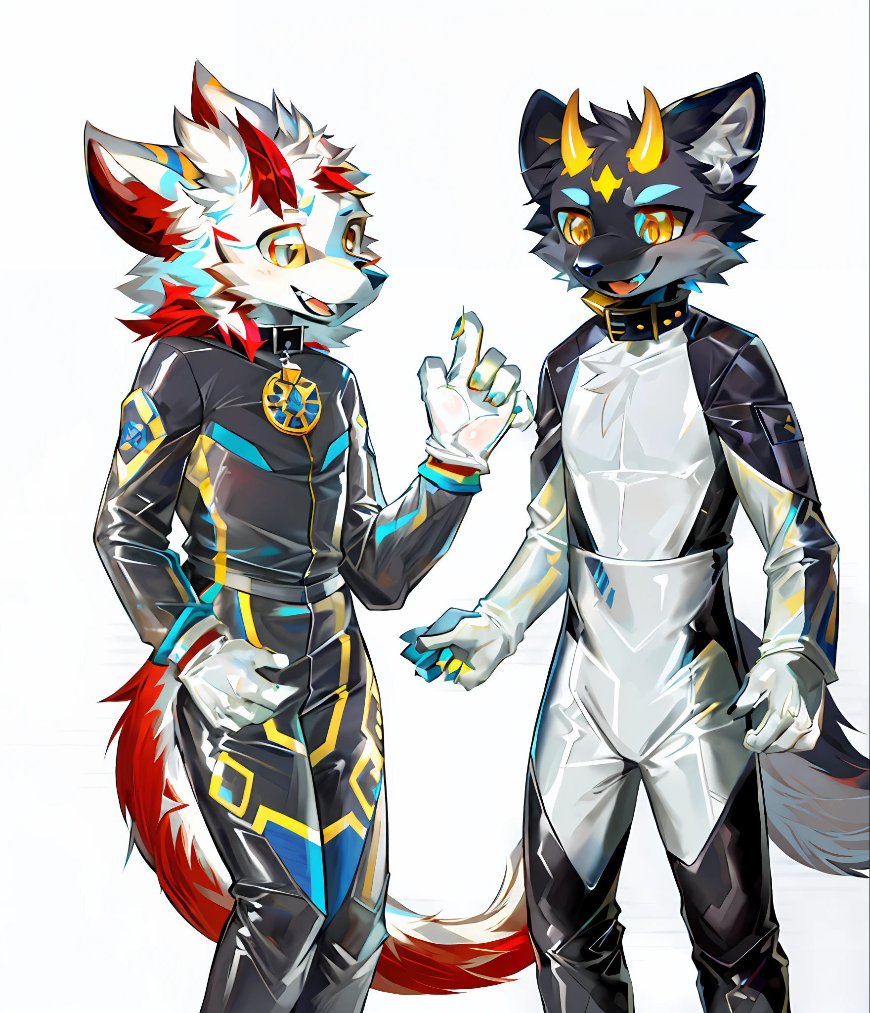 Close-up of wolf in black and blue with a red-and-white dragon, furaffinity commission, anthropomorphic wolf ninja, , high resolution committee, furaffinity fursona, furry furaffinity, fuaffinity, fuaffinity committee, sora as a wolf, fursona commission, professional furry painting, wolf, fursona furry art committee, latex clothing, latex combat suit, combat uniform, smooth combat suit reflective, golden eyes, yellow horns, two yellow horns on the head, yellow collar, enjoy expression, latex white gloves, latex reflective, body reflective, smooth, latex textured clothes, open mouth