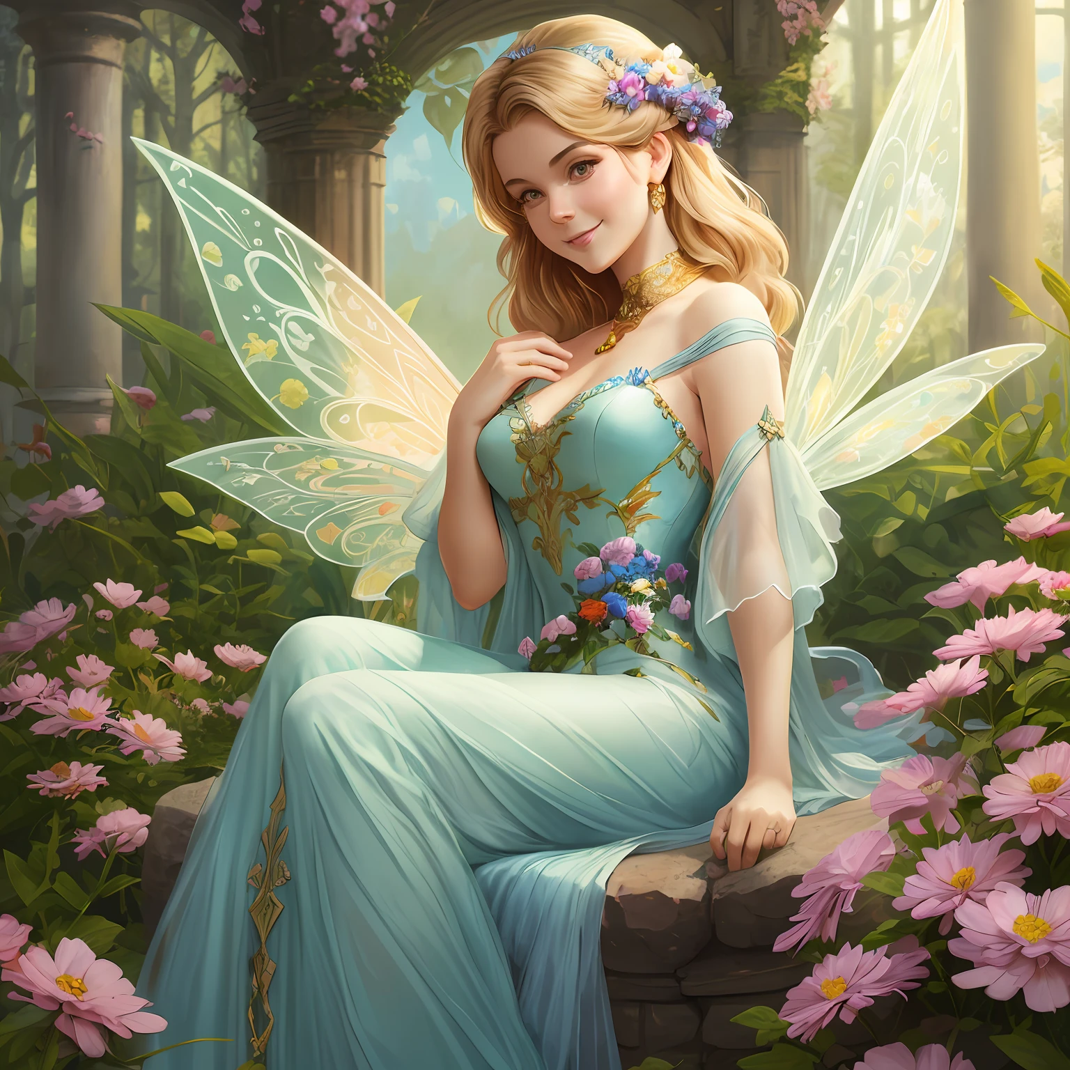 Tinker Bell from Disney is flying in the blue sky. She is a beautiful blonde fairy wearing a long luxurious dress. She has a beautiful face and is smiling happily. little colorful flowers,The sun is shining behind her. by Kinuko craft, Alphonse Mucha, Anna Dittmann, Artgerm, Greg rutkowski, painting in the style of Ernest Khalimov, digital painting, Artstation, Concept art, intricate, Elegant, Sharp focus, octane render