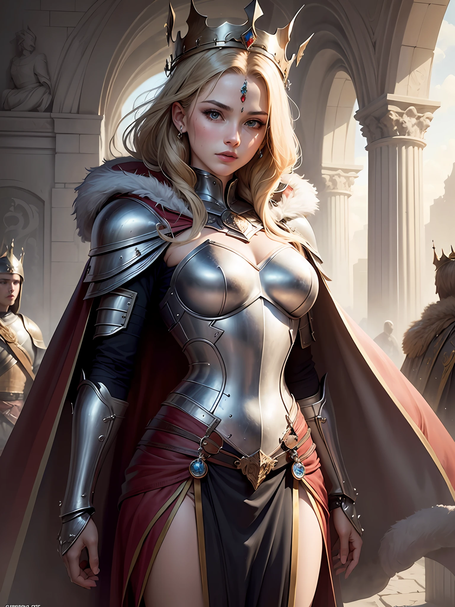 (masterpiece, top quality, best quality, official art, beautiful and aesthetic:1.2), (1girl), (warrior queen armor, fur-lined cape, jeweled crown:1.2),serious