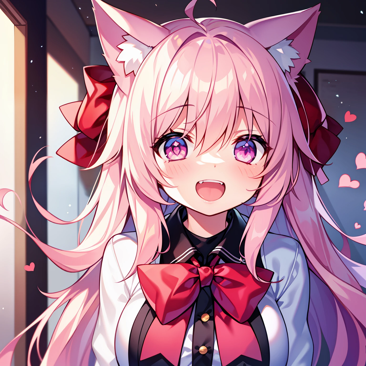 masterpiece,best quality,official art,extremely detailed CG unity 8k wallpaper, huge_filesize, Chinese, {{{loli}}}, {{{solo}}}, light, absurdly long hair, pink hair, white hair, {hair bow}, light blush, pink eyes,light school uniform, heart in eye, glowing eyes, cat_ears, open mouth, {{deep_throat}}, happy, teeth,{headpic},look at you